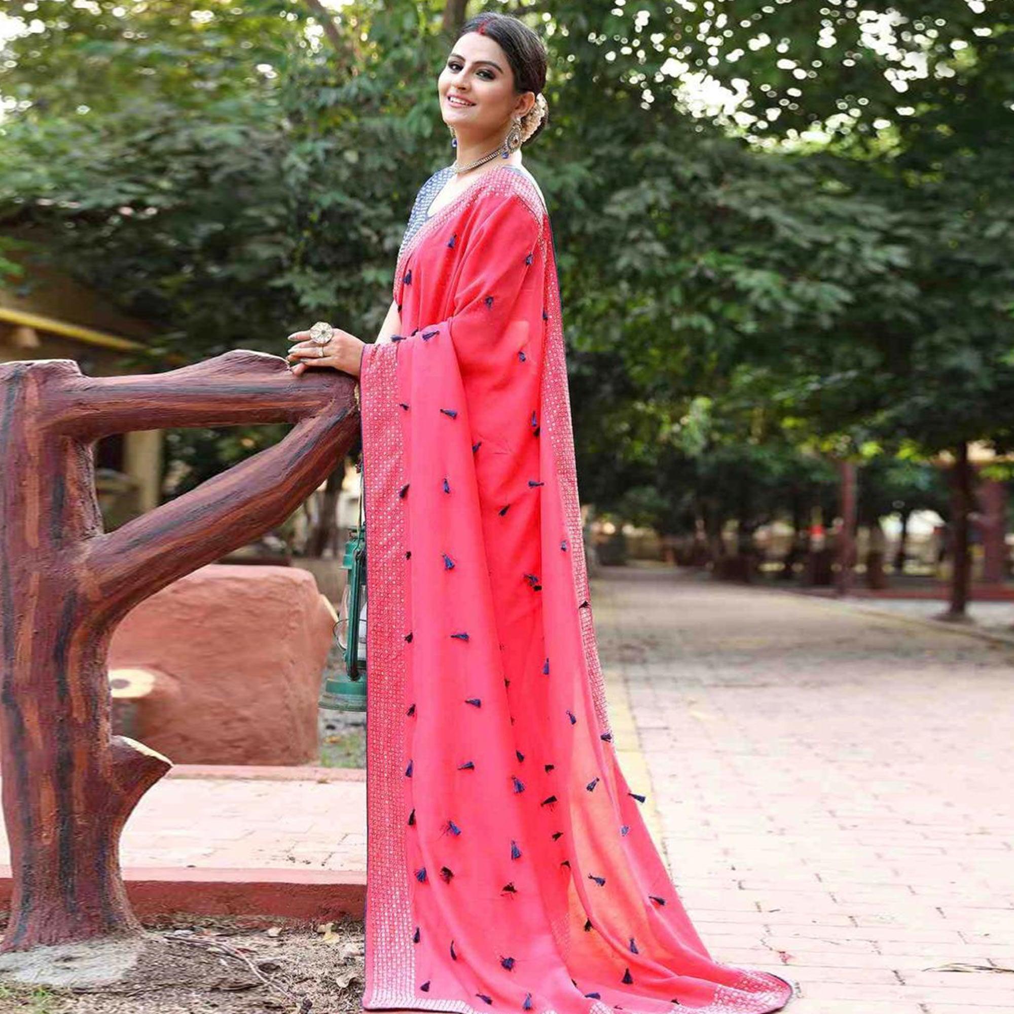 Majesty Pink Colored Partywear Diamond Work Art Silk Saree - Peachmode