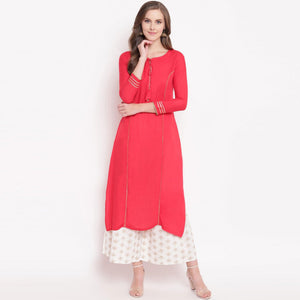 Majesty Pink-White Colored Casual Wear Rayon Kurti-Palazzo Set - Peachmode