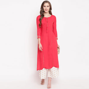 Majesty Pink-White Colored Casual Wear Rayon Kurti-Palazzo Set - Peachmode