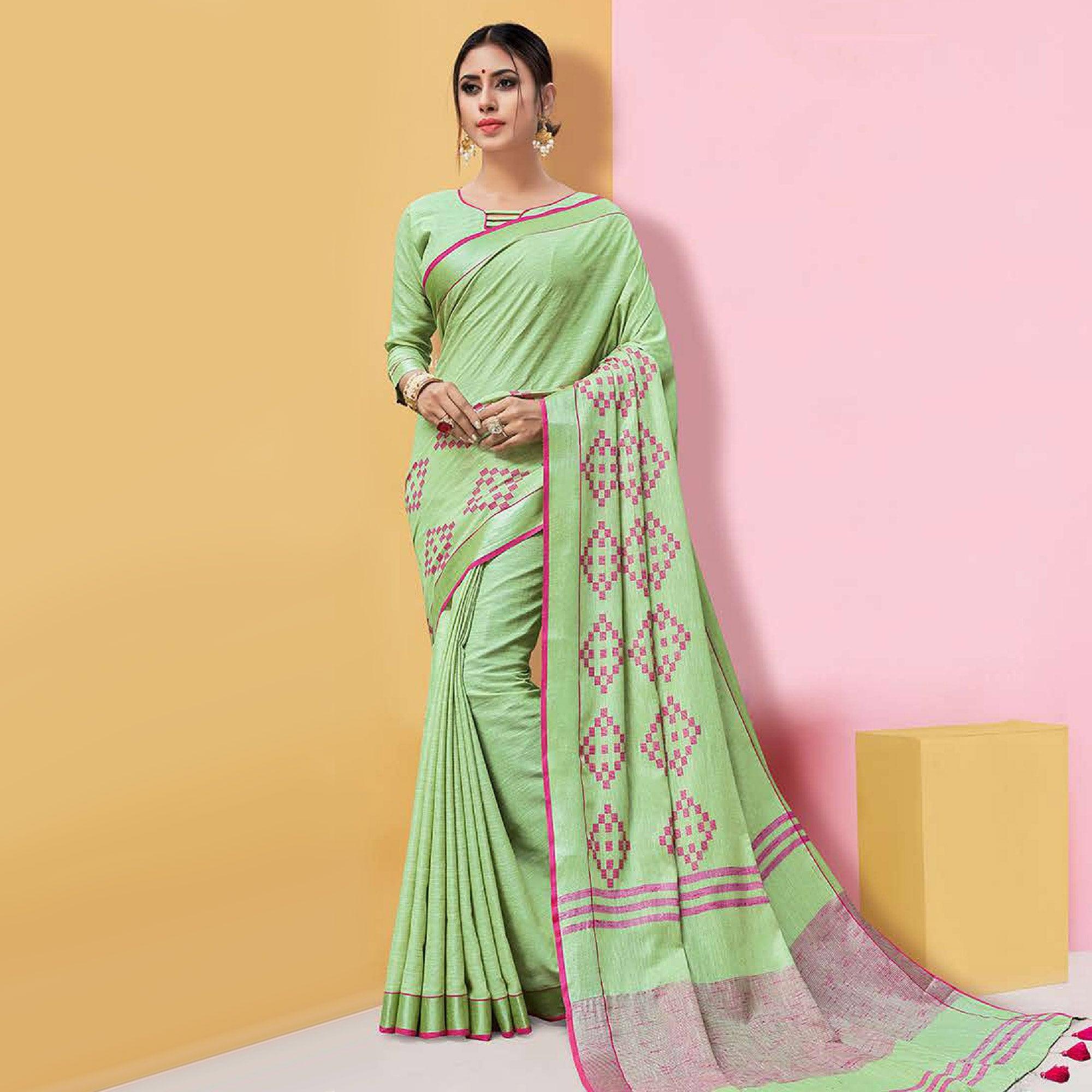 Majesty Pista Green Colored Partywear Printed Linen Cotton Saree - Peachmode