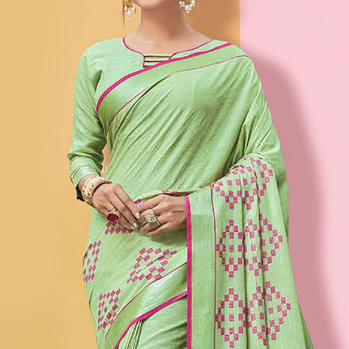 Majesty Pista Green Colored Partywear Printed Linen Cotton Saree - Peachmode
