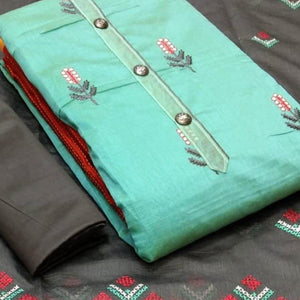 Majesty Rama Colored Casual Wear Embroidered Modal Chanderi Dress Material - Peachmode