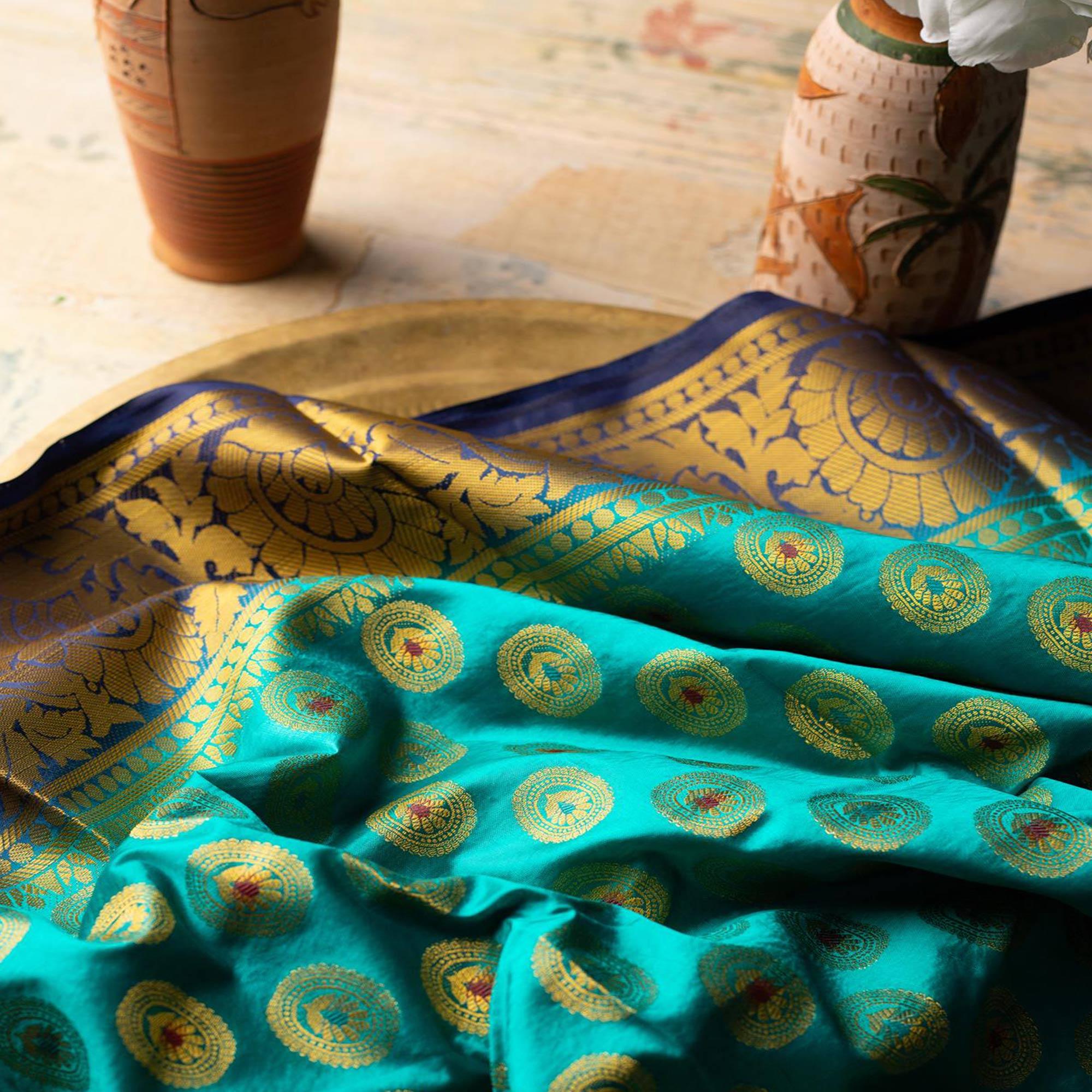 Majesty Rama Colored Festive Wear Woven Art Silk Saree - Peachmode
