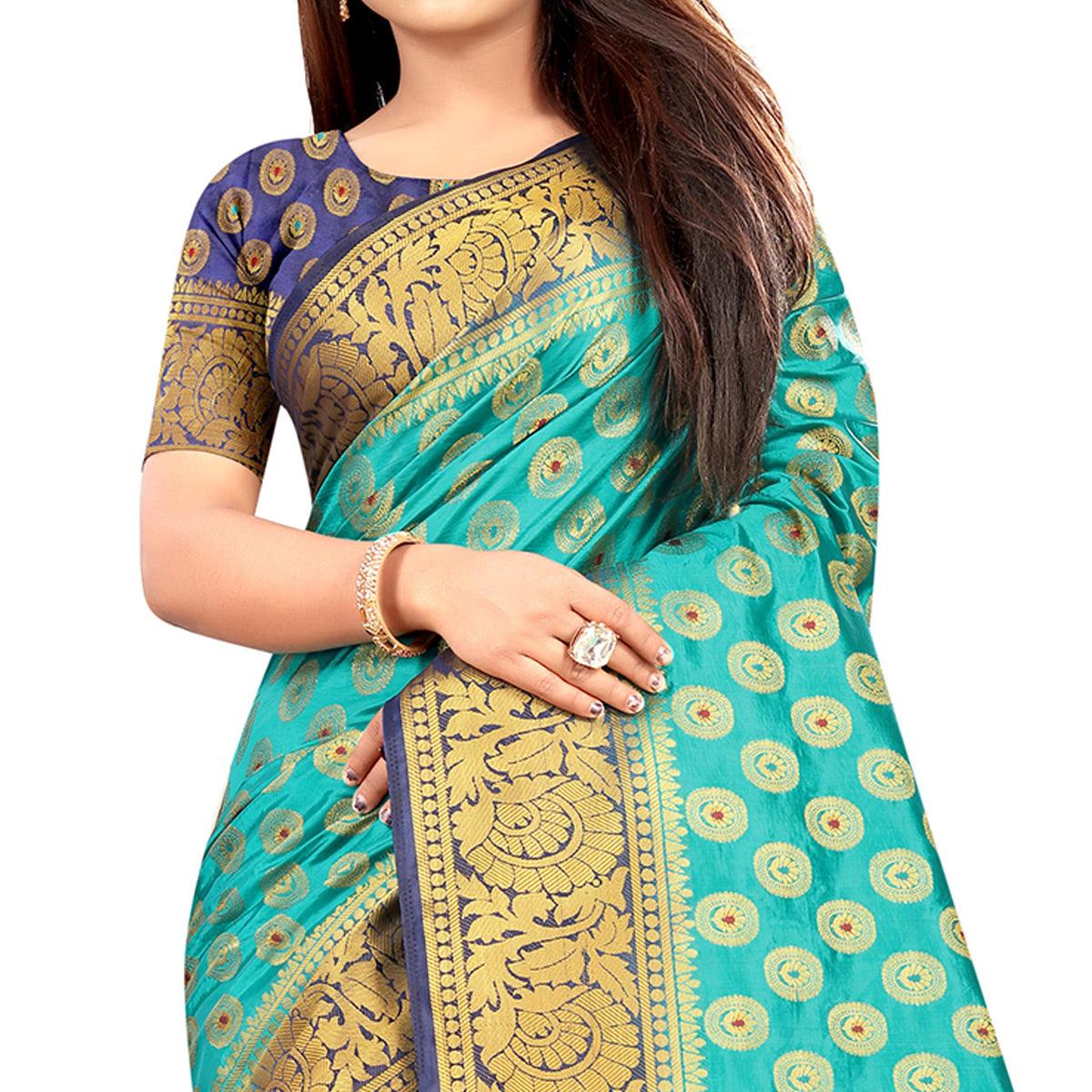 Majesty Rama Colored Festive Wear Woven Art Silk Saree - Peachmode