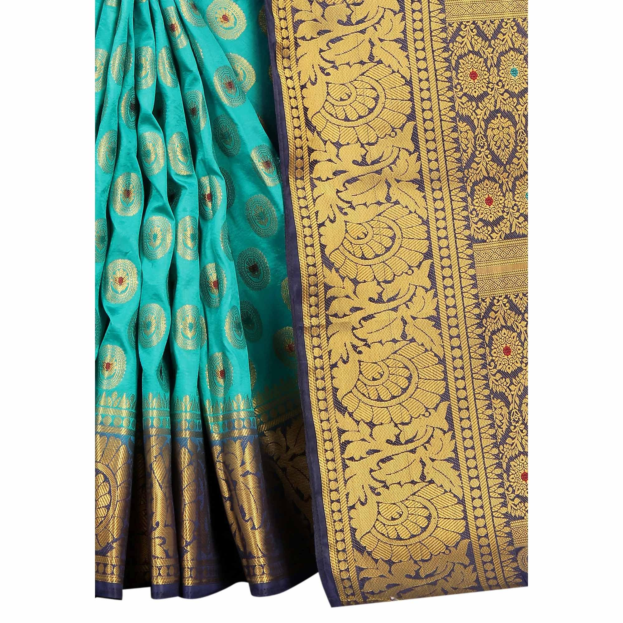 Majesty Rama Colored Festive Wear Woven Art Silk Saree - Peachmode