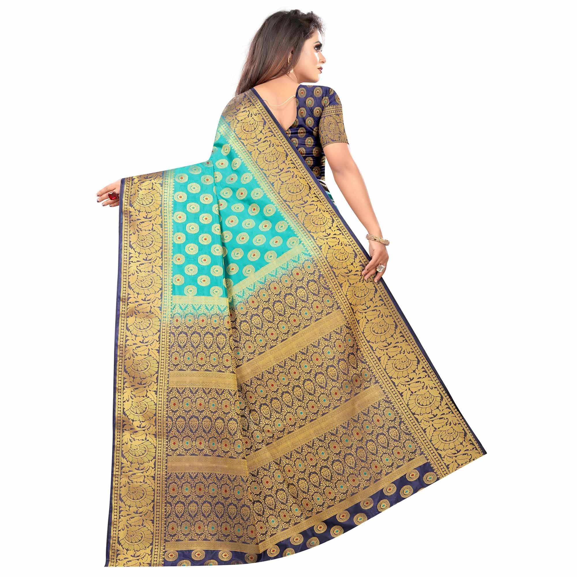 Majesty Rama Colored Festive Wear Woven Art Silk Saree - Peachmode