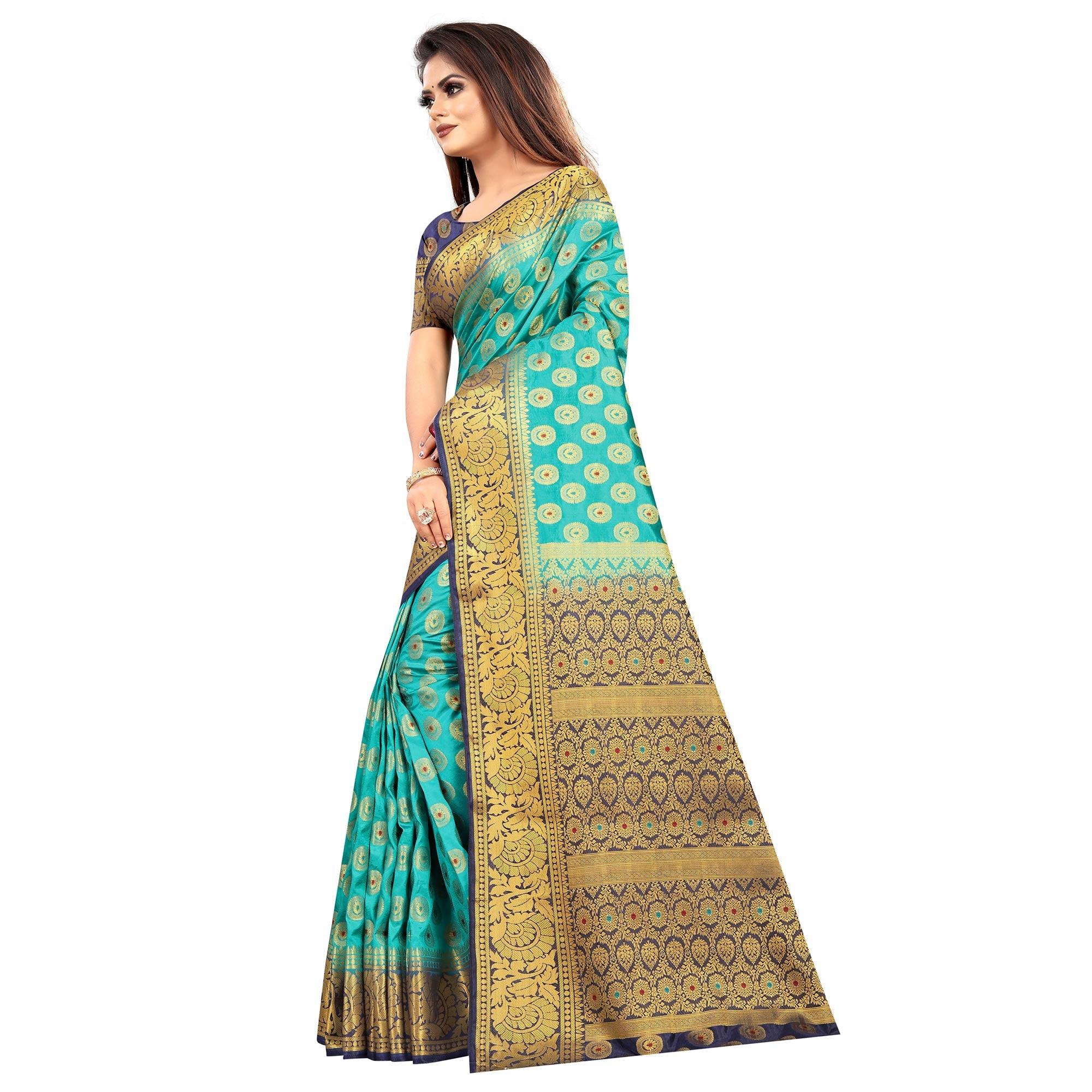 Majesty Rama Colored Festive Wear Woven Art Silk Saree - Peachmode