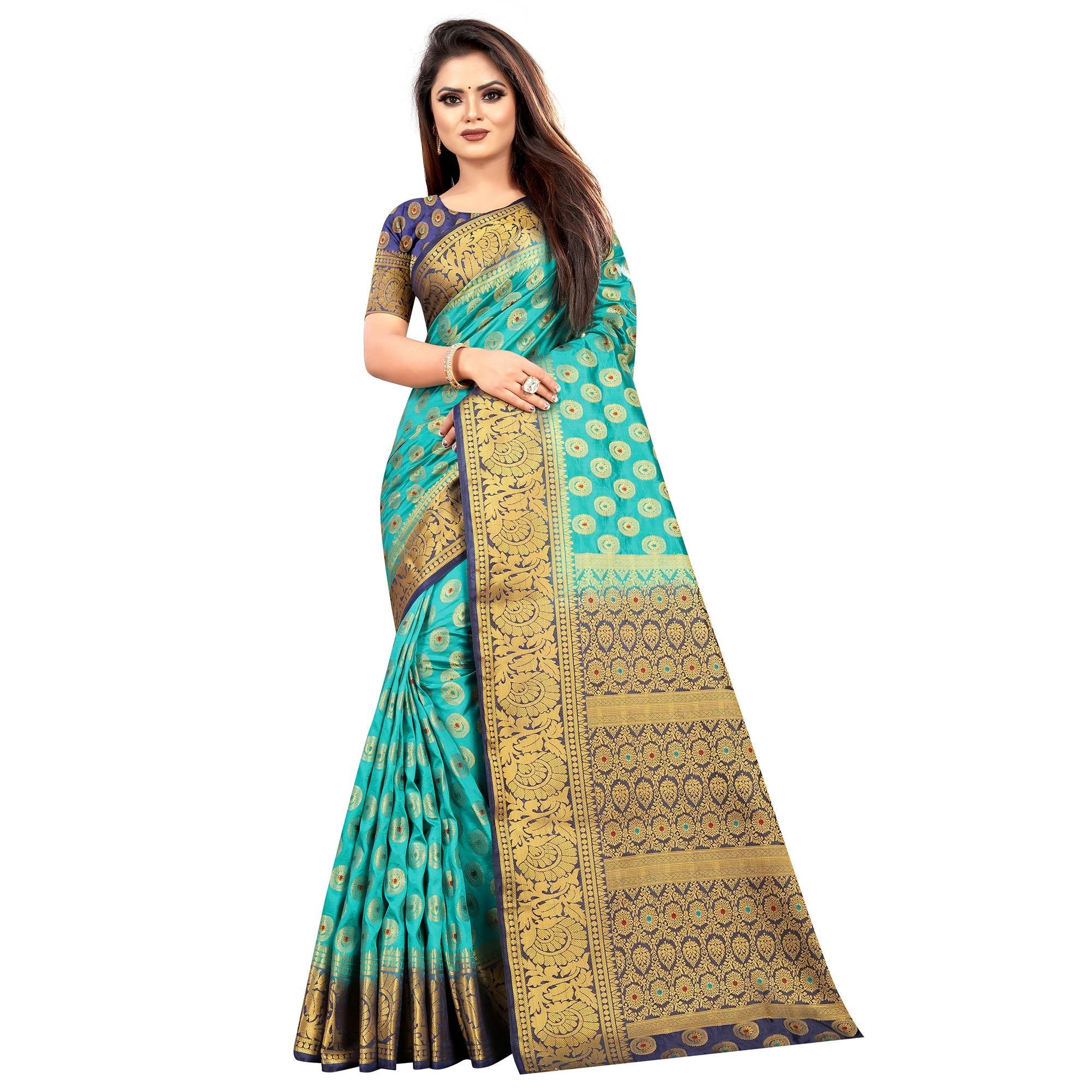 Majesty Rama Colored Festive Wear Woven Art Silk Saree - Peachmode