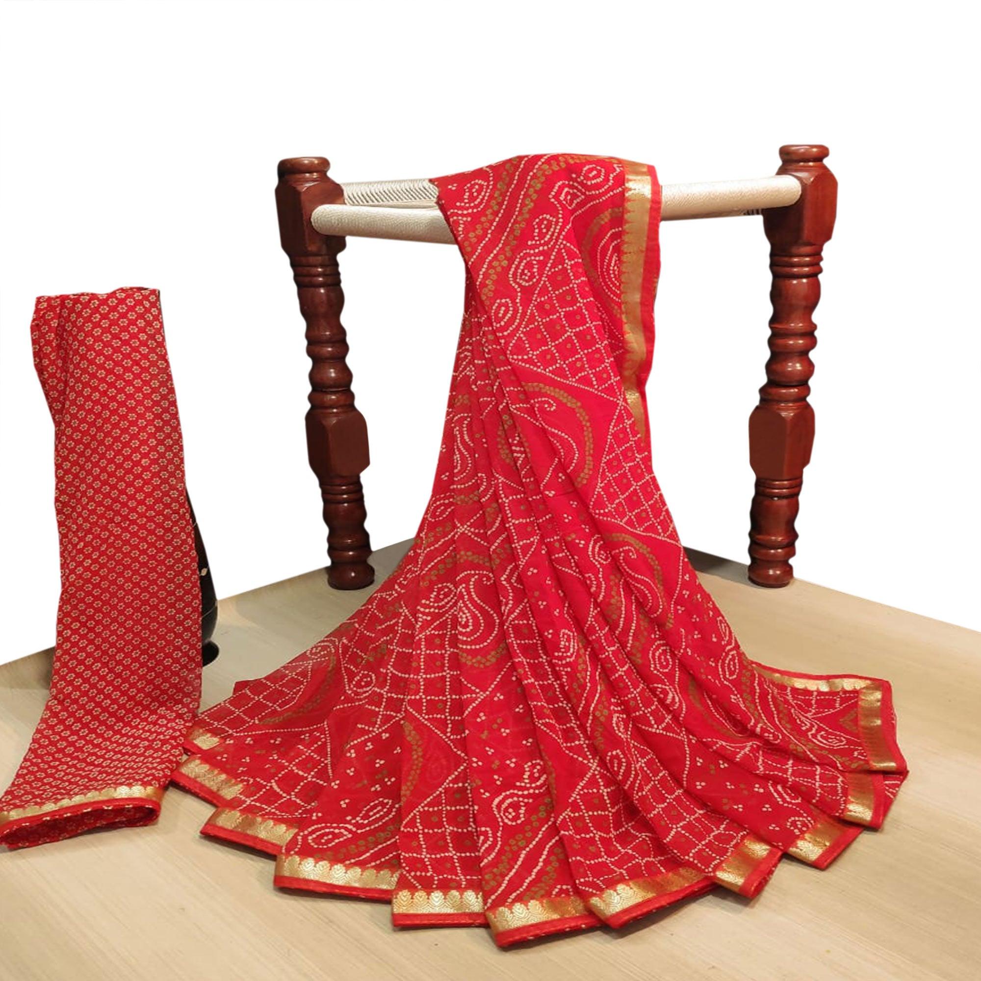 Majesty Red Colored Casual Wear Bandhani Printed Georgette Saree - Peachmode