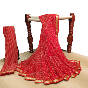 Majesty Red Colored Casual Wear Bandhani Printed Georgette Saree - Peachmode