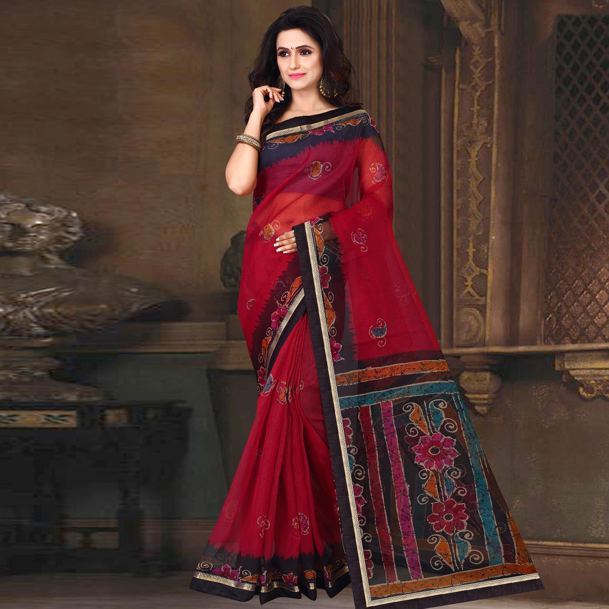 Majesty Red Colored Casual Wear Printed Silk Saree - Peachmode