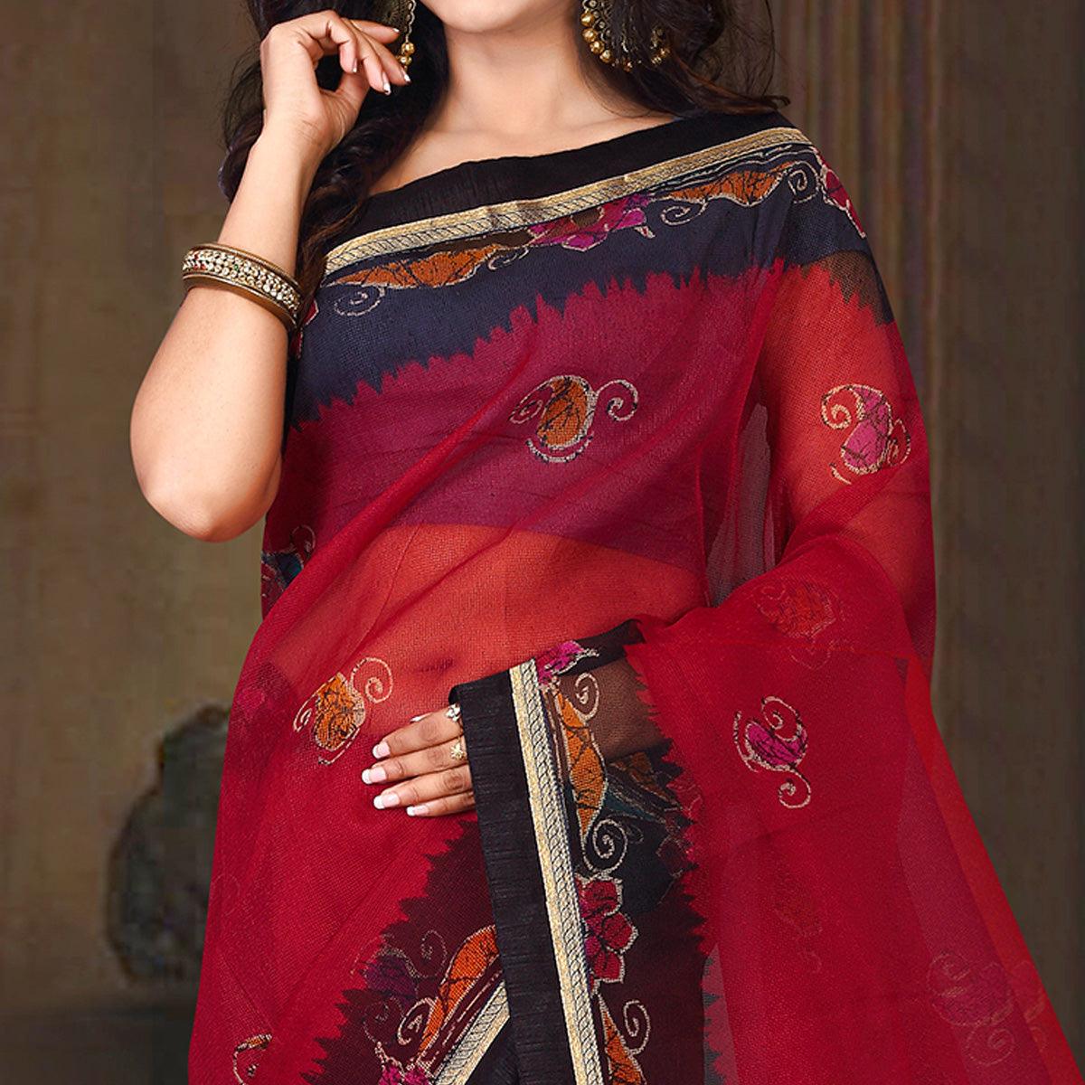 Majesty Red Colored Casual Wear Printed Silk Saree - Peachmode