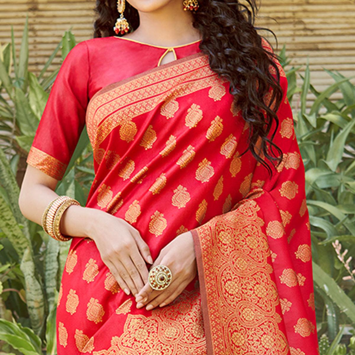Majesty Red Colored Festive Wear Floral Woven Silk Blend Saree With Tassels - Peachmode