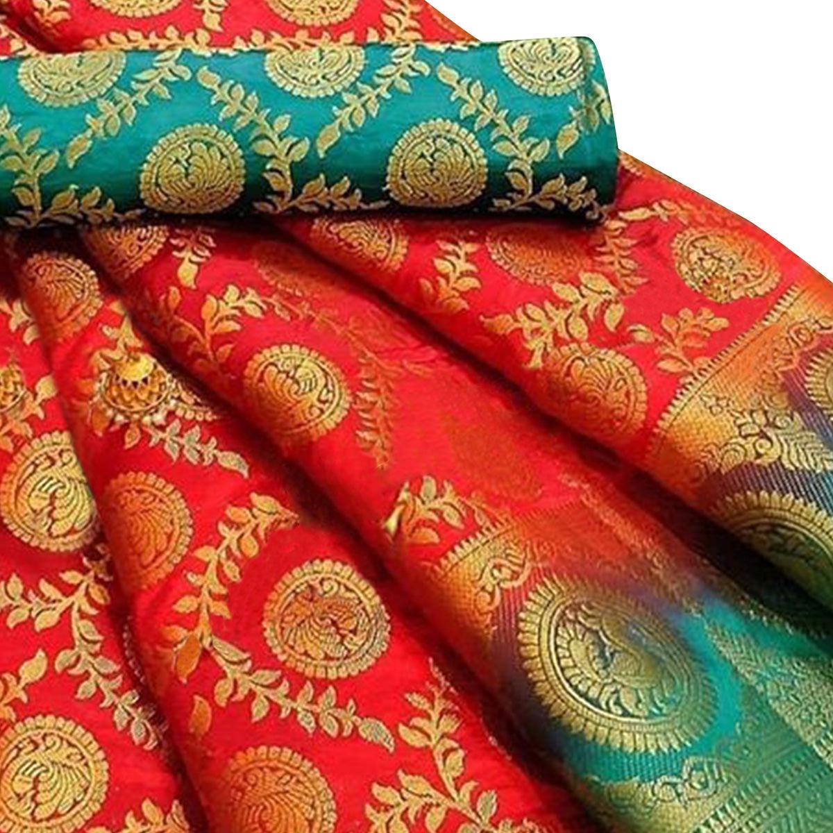 Majesty Red Colored Festive Wear Woven Silk Blend Saree - Peachmode