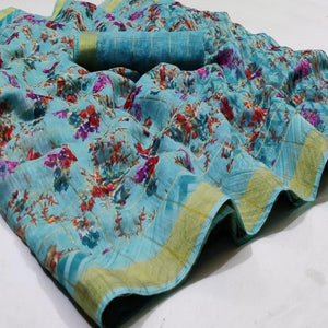 Majesty Sky Blue Colored Casual Wear Fancy Printed Cotton Saree - Peachmode
