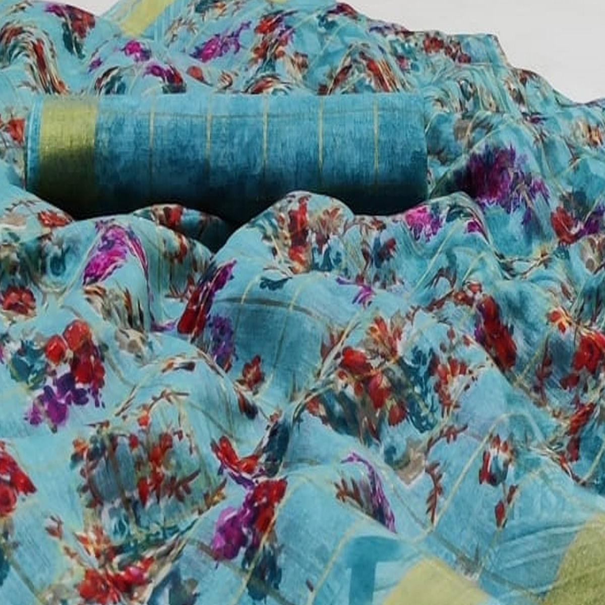 Majesty Sky Blue Colored Casual Wear Fancy Printed Cotton Saree - Peachmode