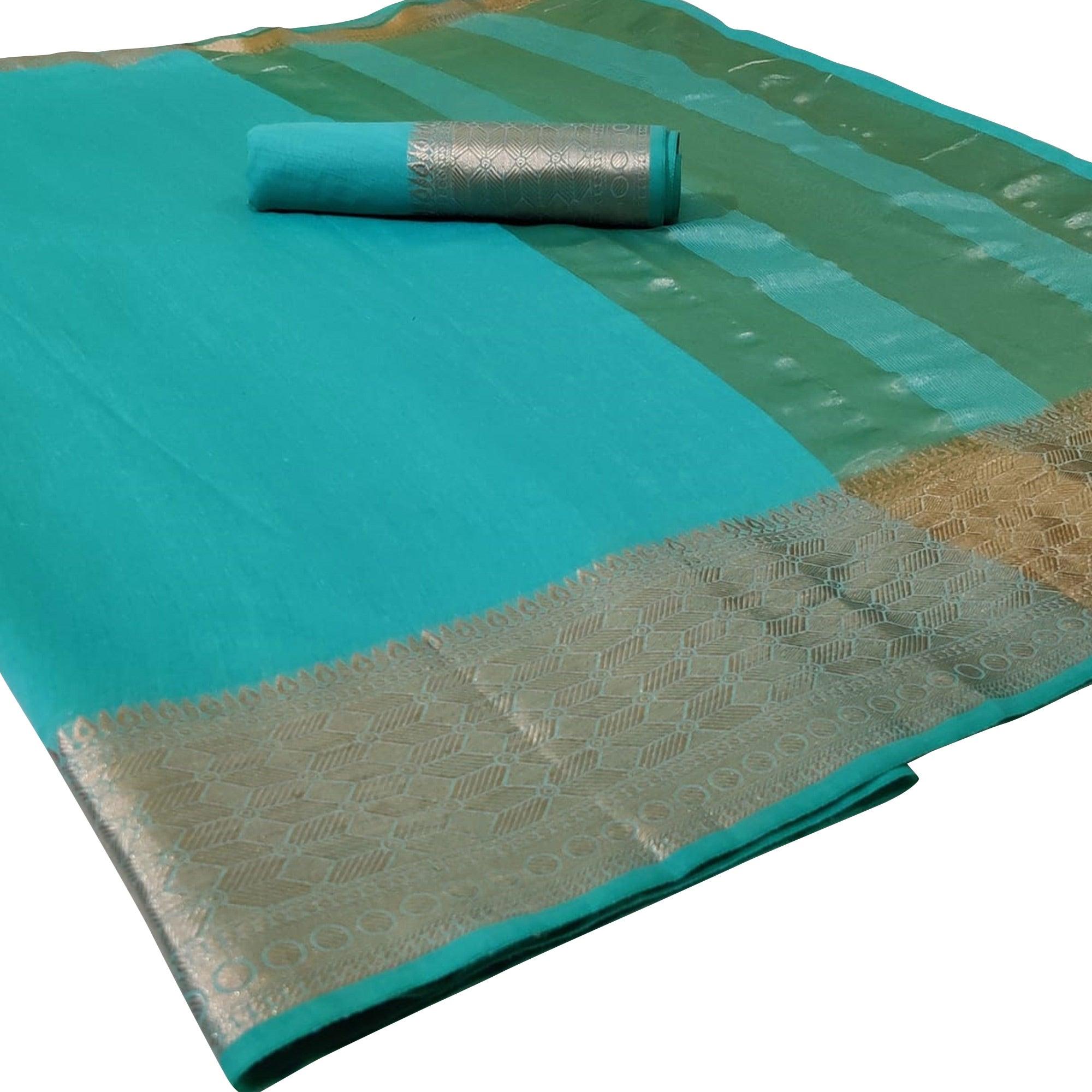 Majesty Turquoise Blue Colored Festive Wear Woven Silk Saree - Peachmode
