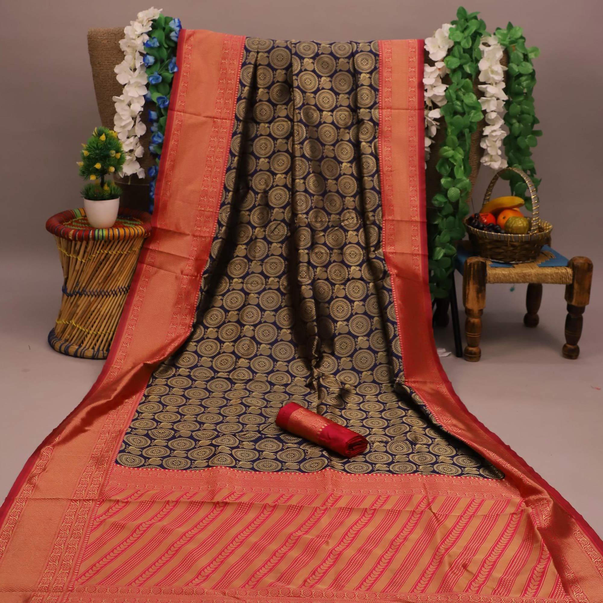 Majesty Violet Colored Festive Wear Woven Soft Silk Saree - Peachmode