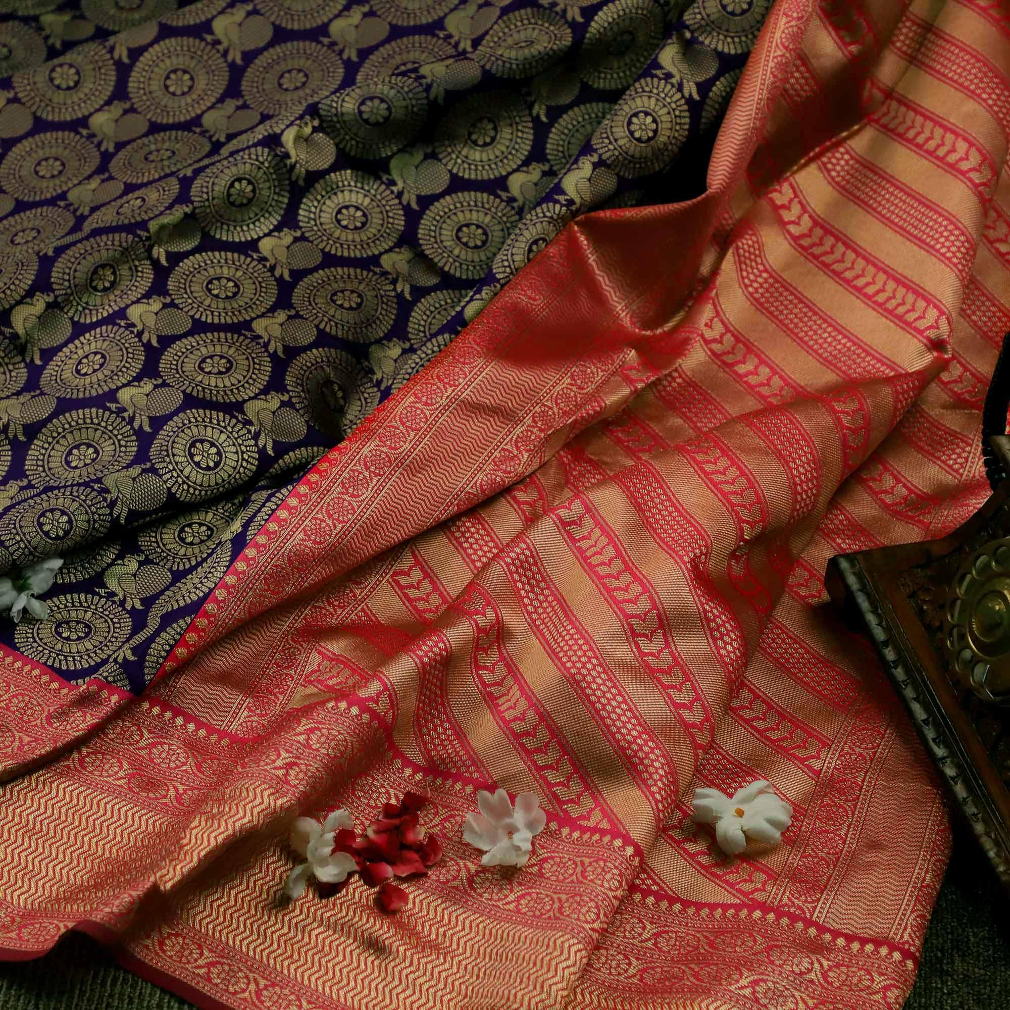Majesty Violet Colored Festive Wear Woven Soft Silk Saree - Peachmode
