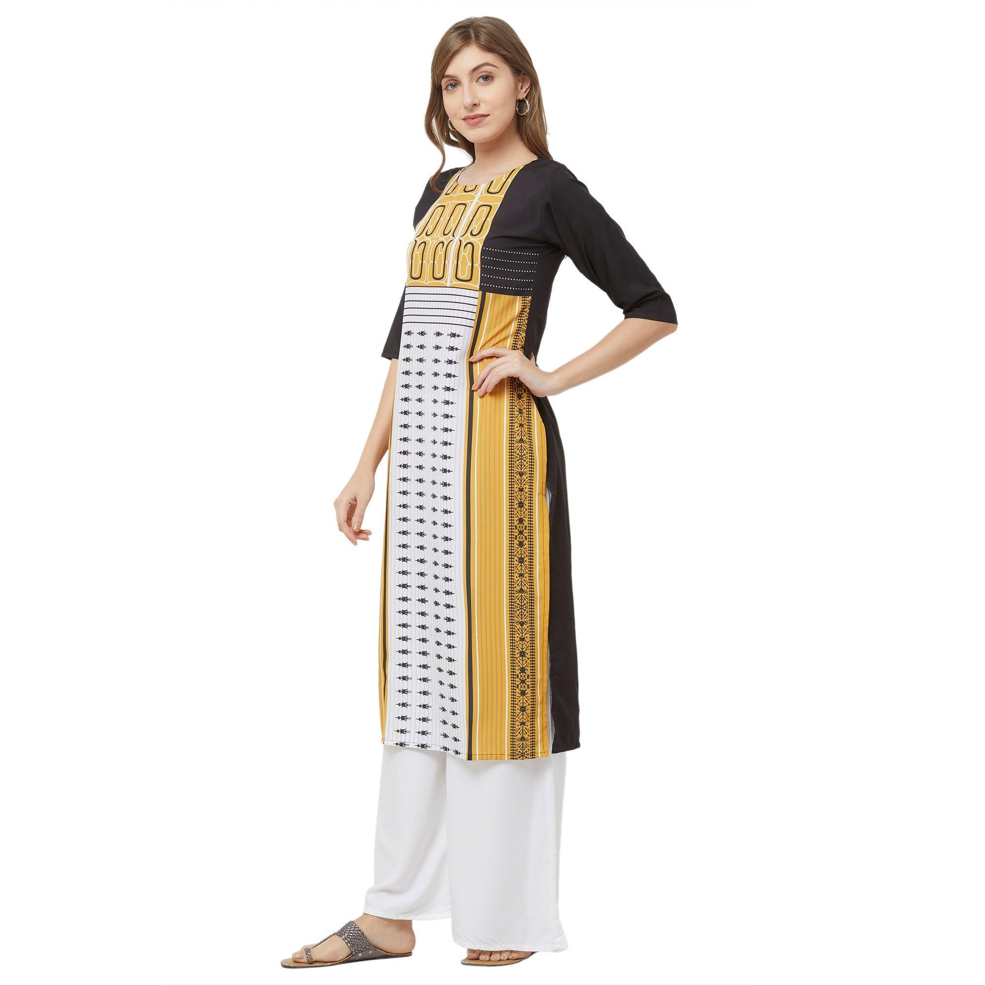 Majesty White-Yellow Colored Casual Printed Crepe Kurti - Peachmode