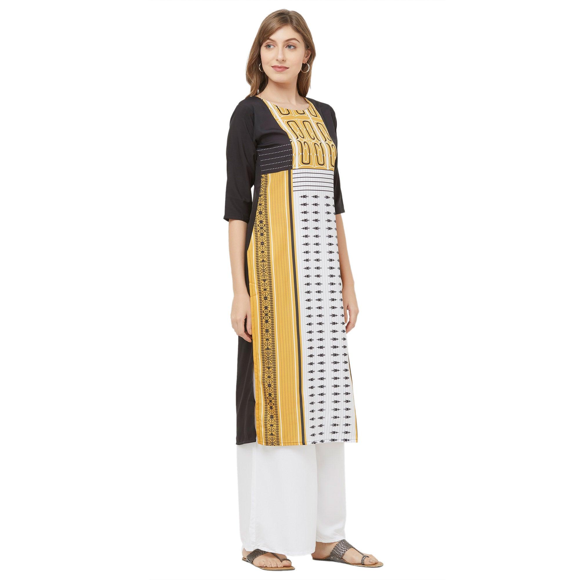 Majesty White-Yellow Colored Casual Printed Crepe Kurti - Peachmode