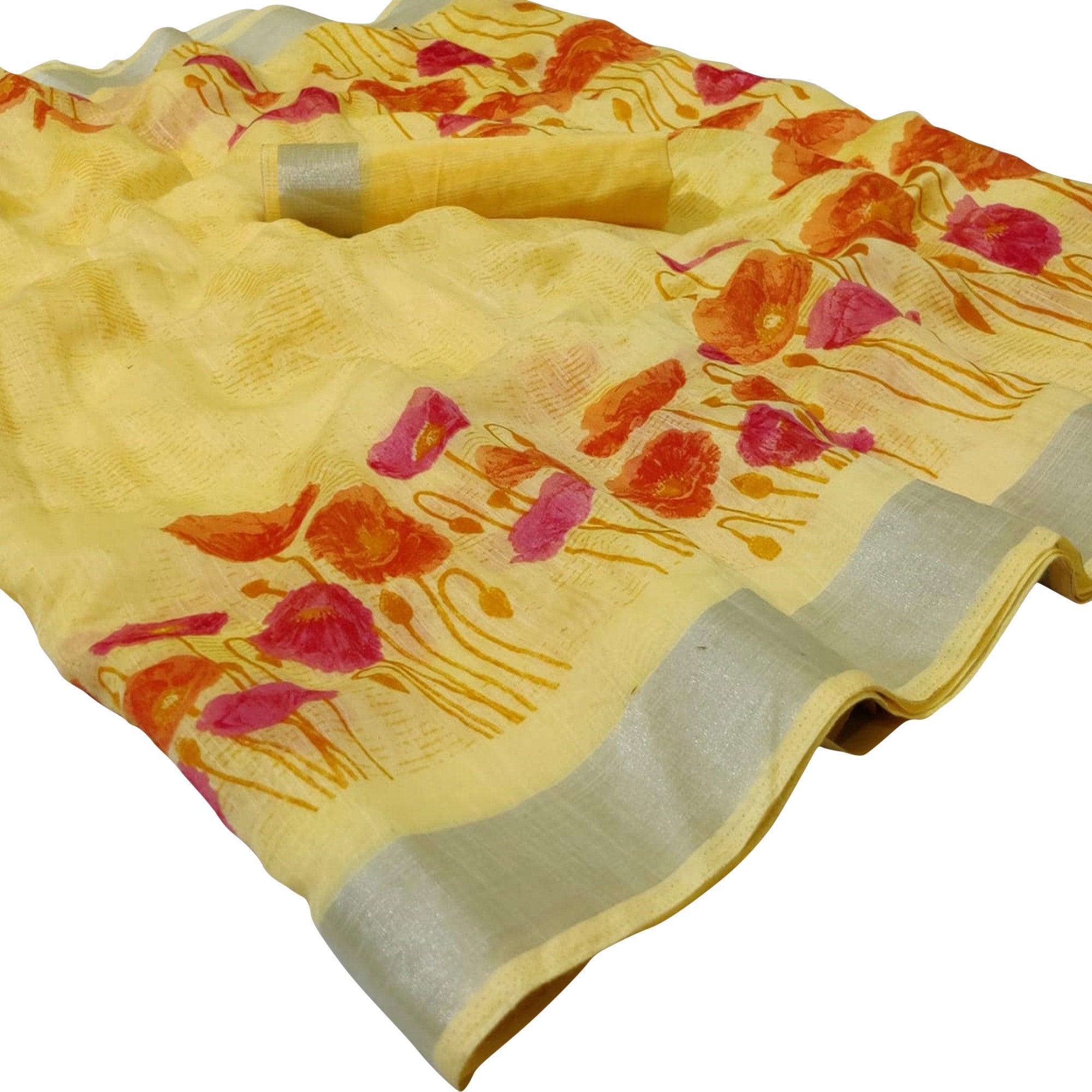 Majesty Yellow Colored Casual Floral Printed Linen Saree - Peachmode