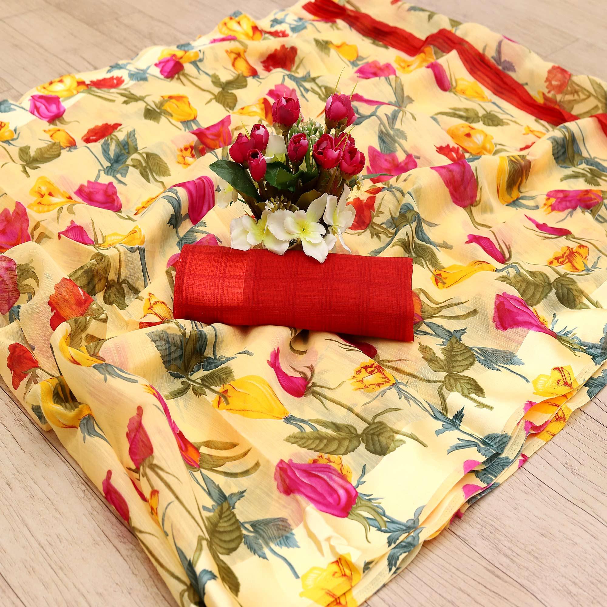 Majesty Yellow Colored Casual Wear Floral Printed Cotton Blend Saree - Peachmode