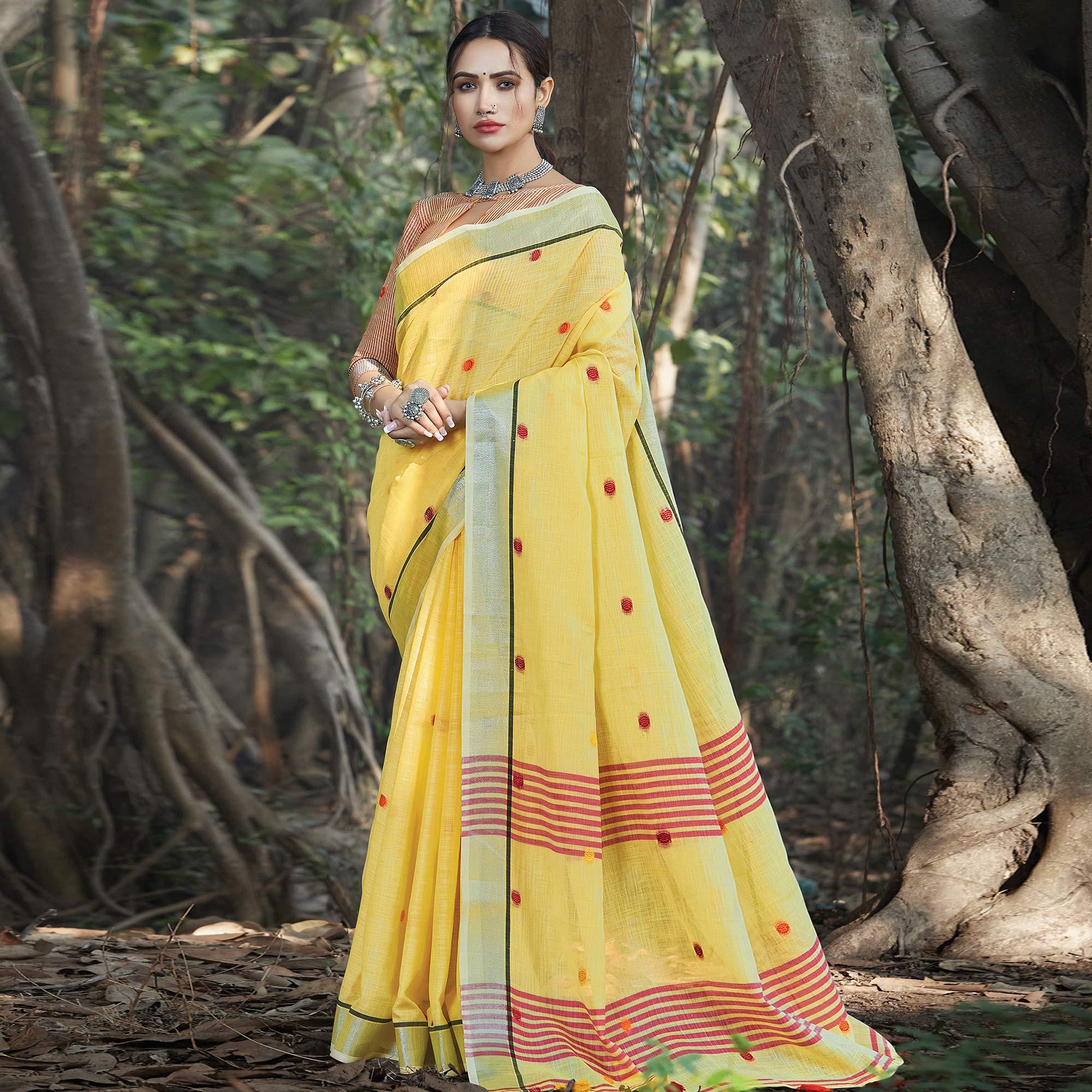 Majesty Yellow Colored Festive Wear Printed Linen Saree - Peachmode