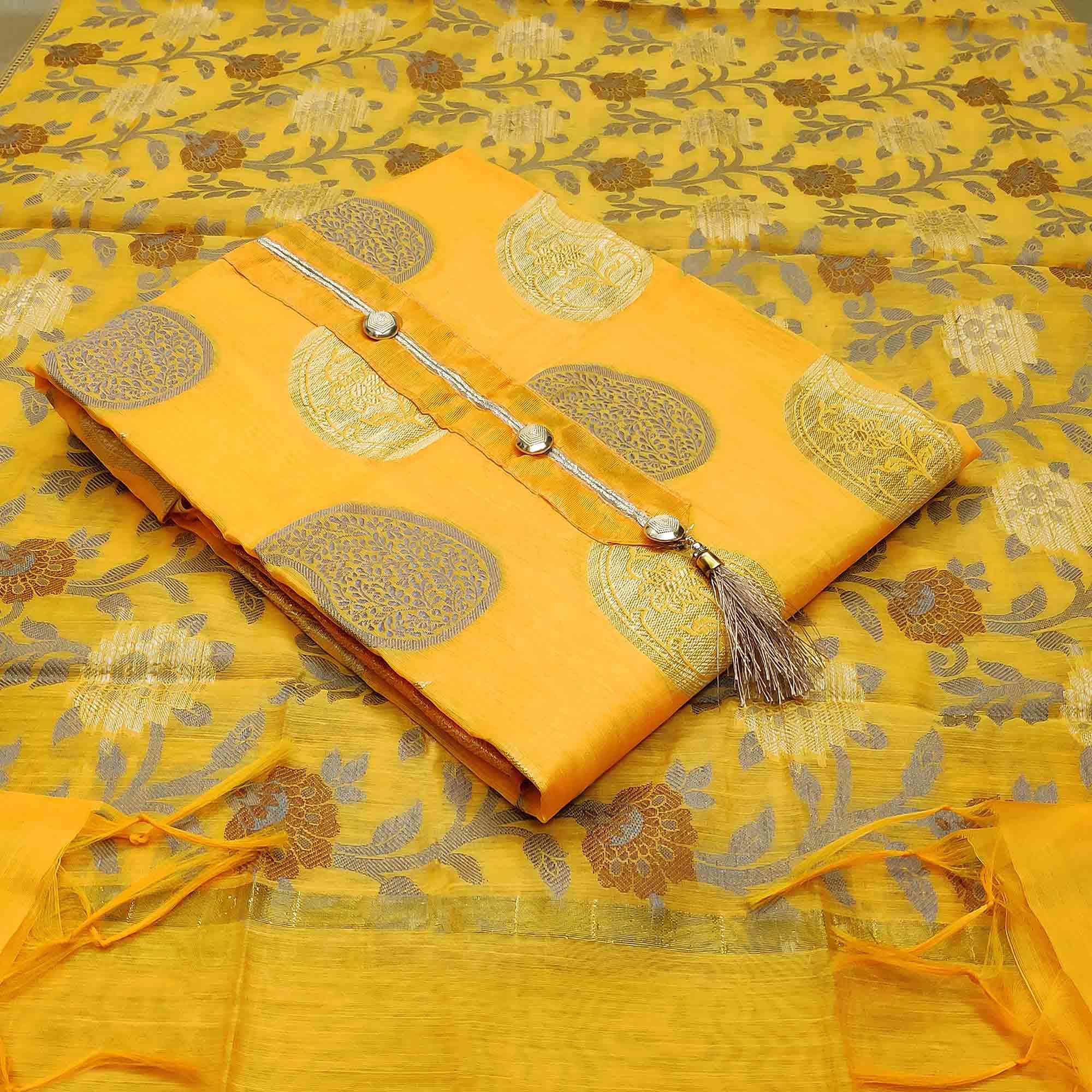 Majesty Yellow Colored Festive Wear Woven Heavy Banarasi Silk Dress Material - Peachmode