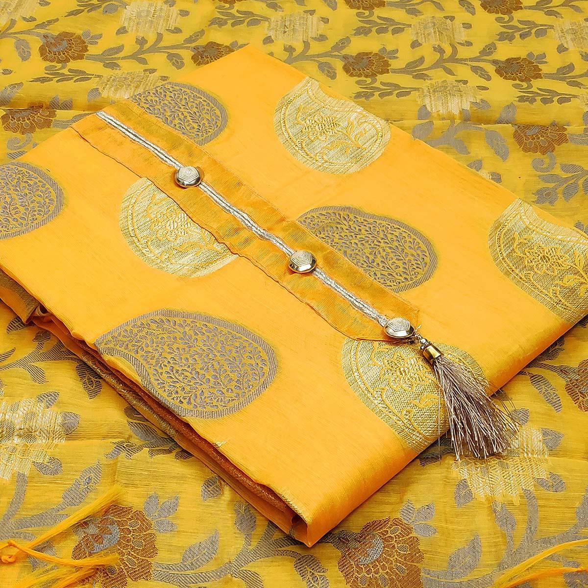 Majesty Yellow Colored Festive Wear Woven Heavy Banarasi Silk Dress Material - Peachmode