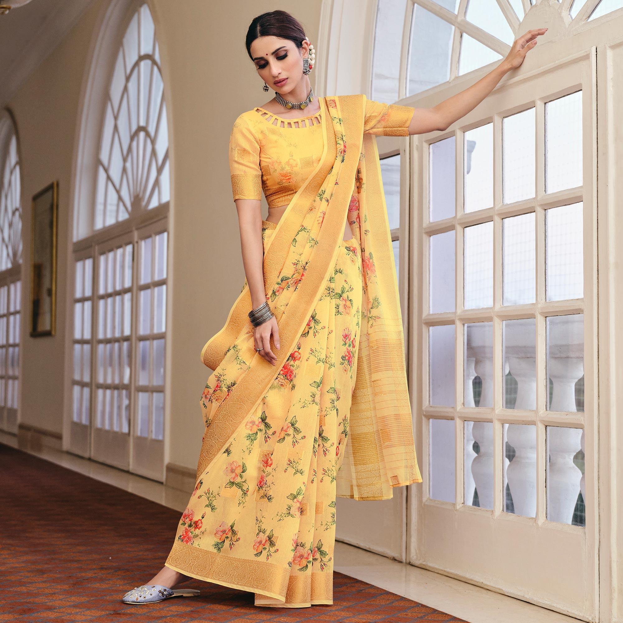 Majesty Yellow Colored Party Wear Digital Printed Linen Saree - Peachmode