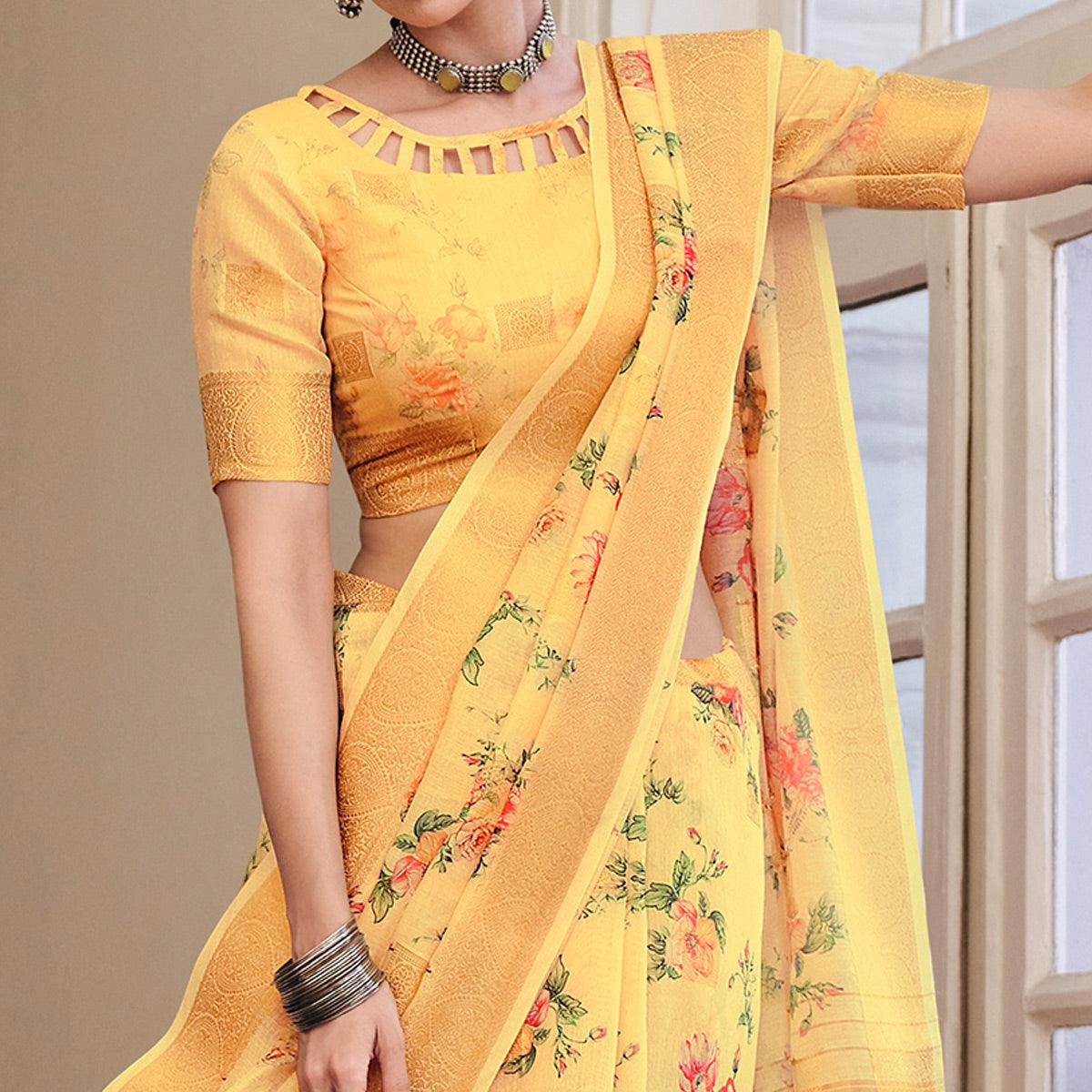 Majesty Yellow Colored Party Wear Digital Printed Linen Saree - Peachmode