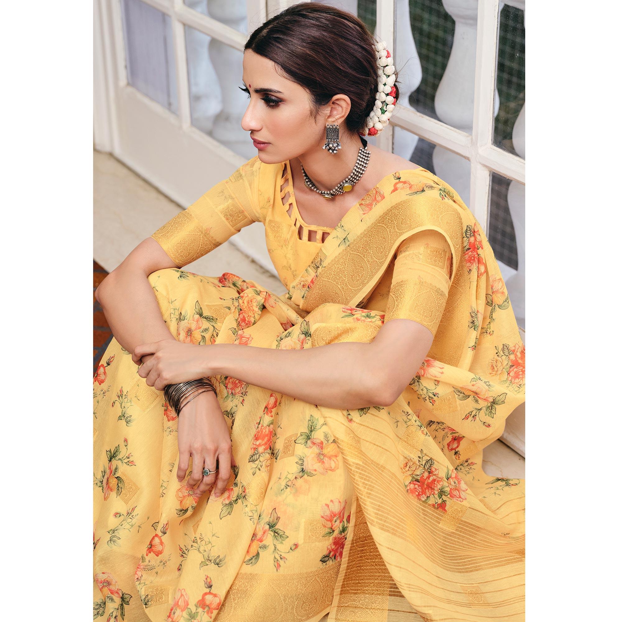 Majesty Yellow Colored Party Wear Digital Printed Linen Saree - Peachmode