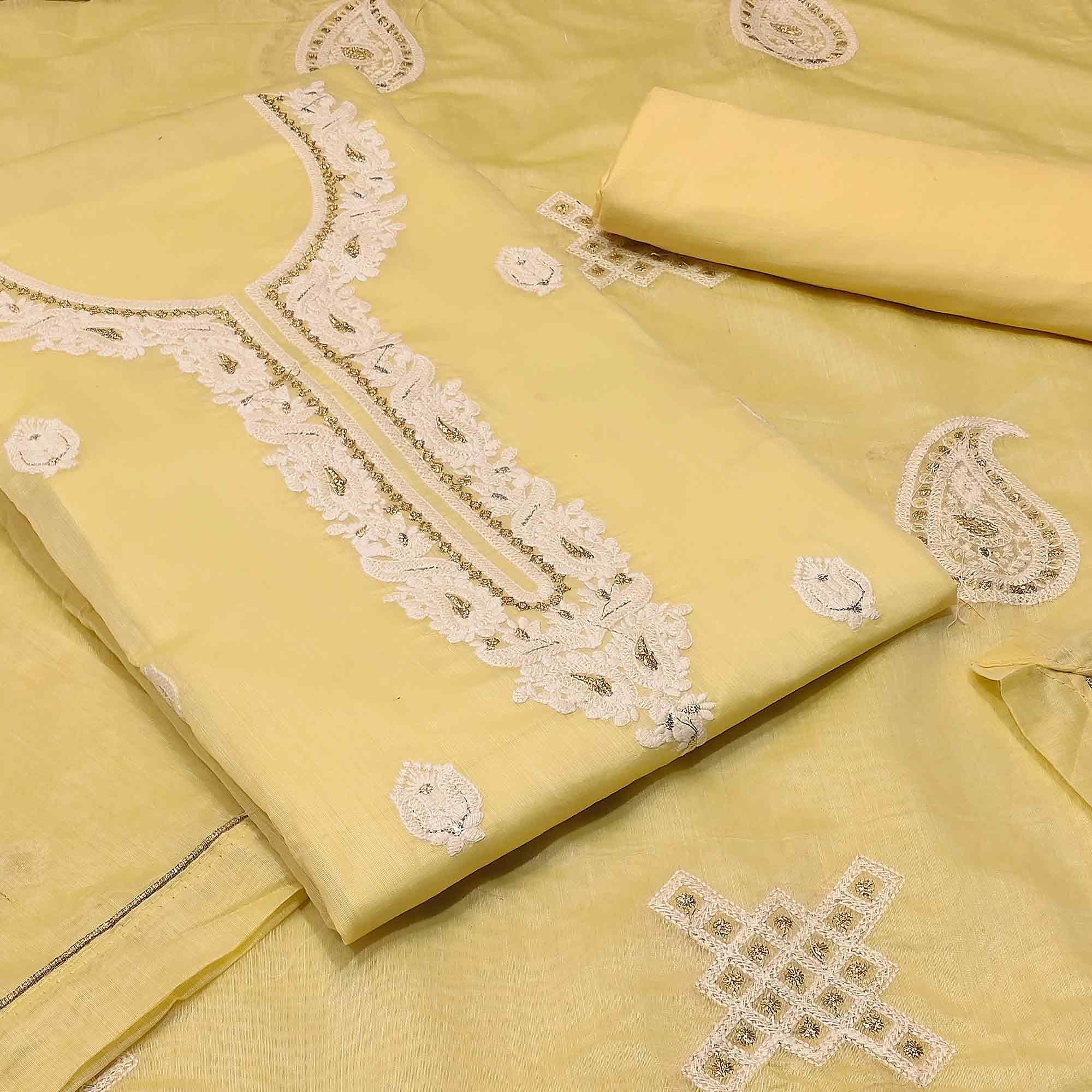 Majesty Yellow Colored Partywear Embroidered Modal Silk Dress Material - Peachmode