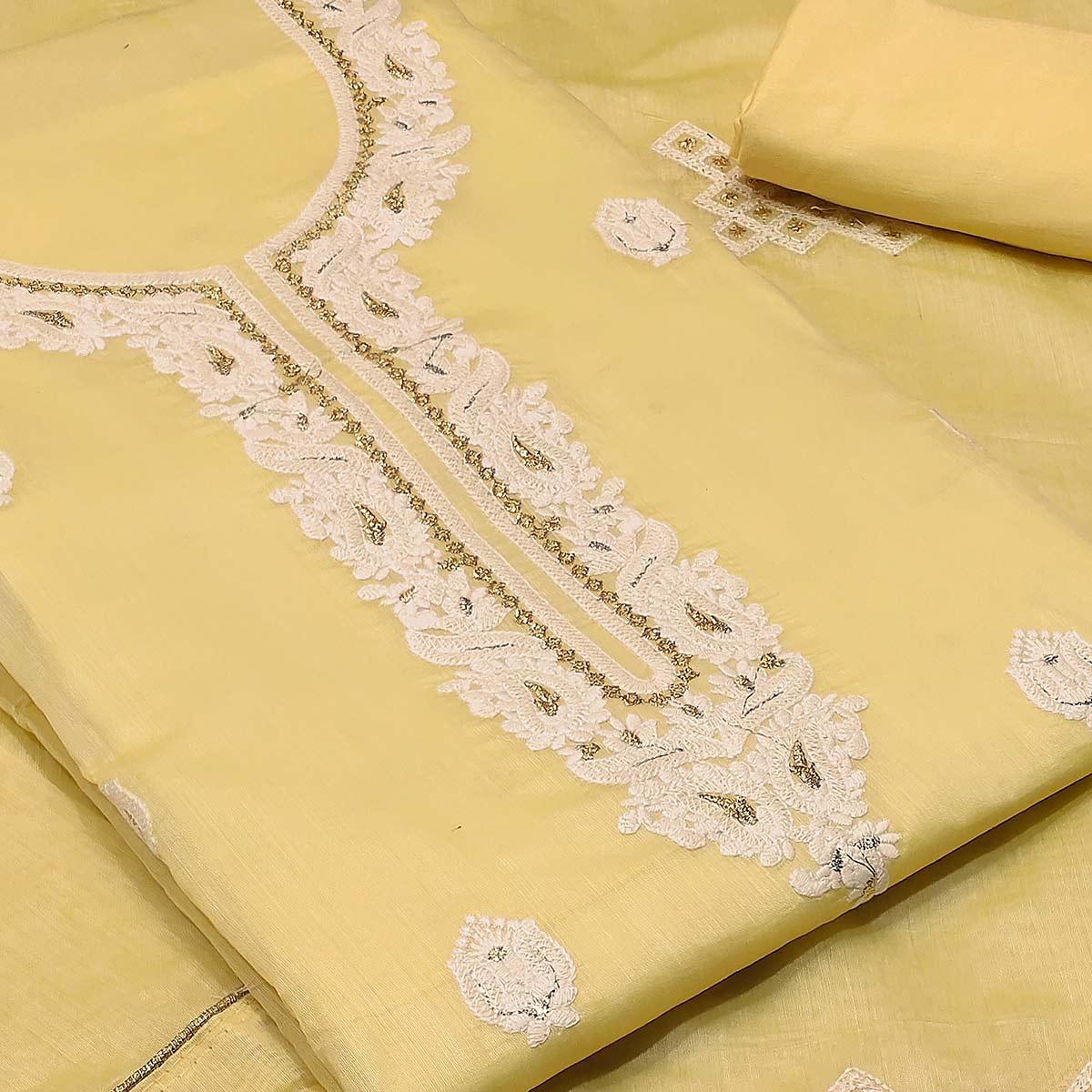 Majesty Yellow Colored Partywear Embroidered Modal Silk Dress Material - Peachmode
