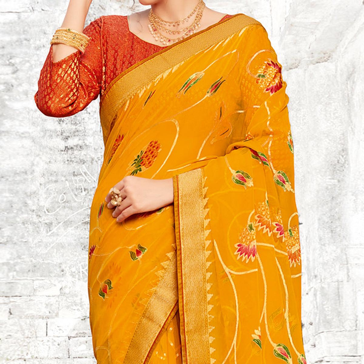 Majesty Yellow Coloured Partywear Printed Brasso Saree - Peachmode