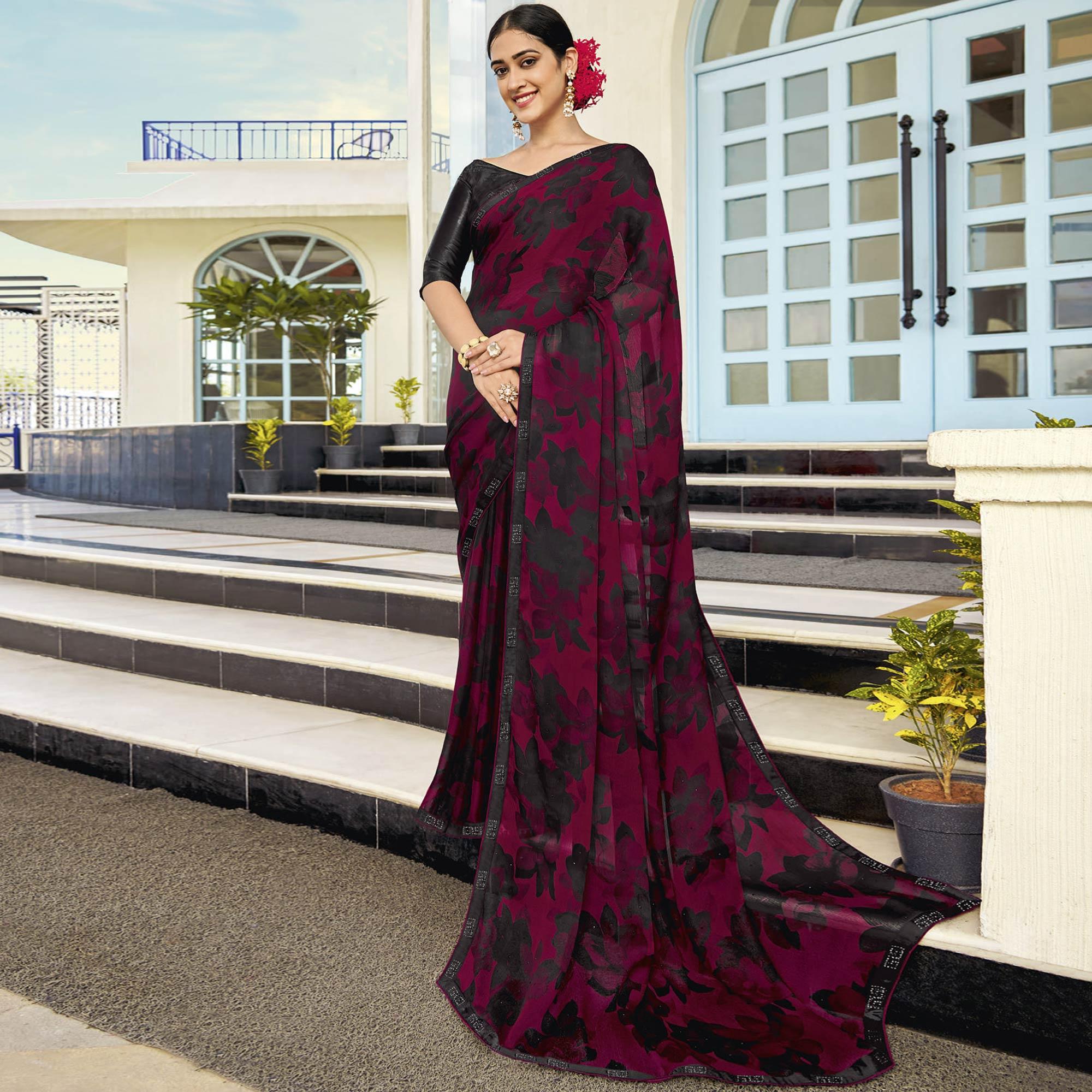 Maroon & Black Partywear Floral Printed Chiffon Saree - Peachmode