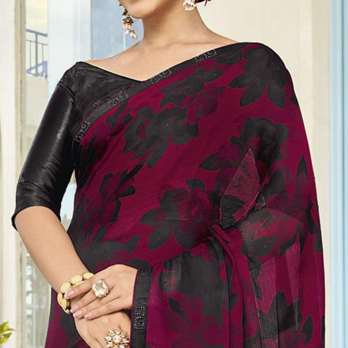 Maroon & Black Partywear Floral Printed Chiffon Saree - Peachmode