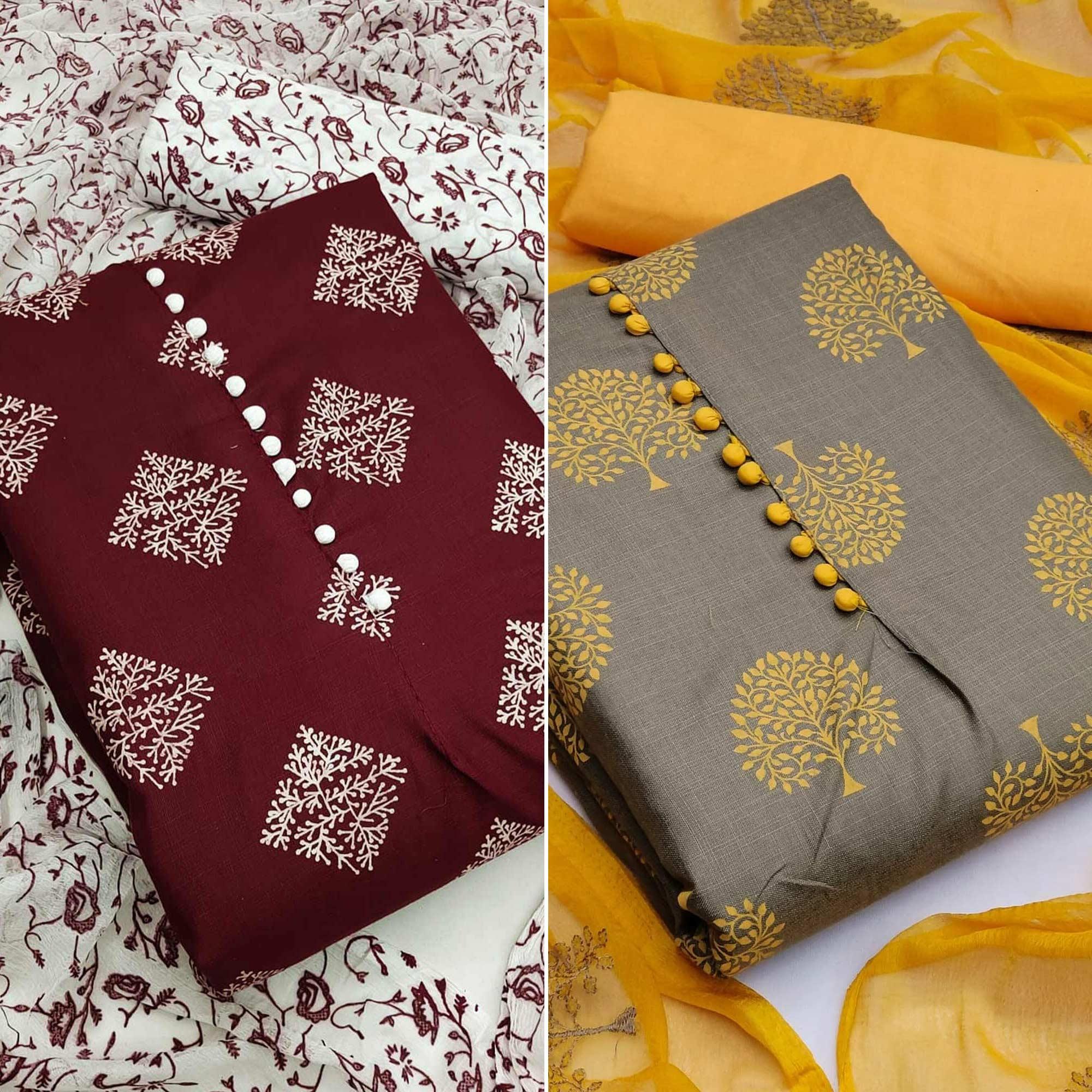 Maroon And Grey Dress Material Pack Of 2 - Peachmode