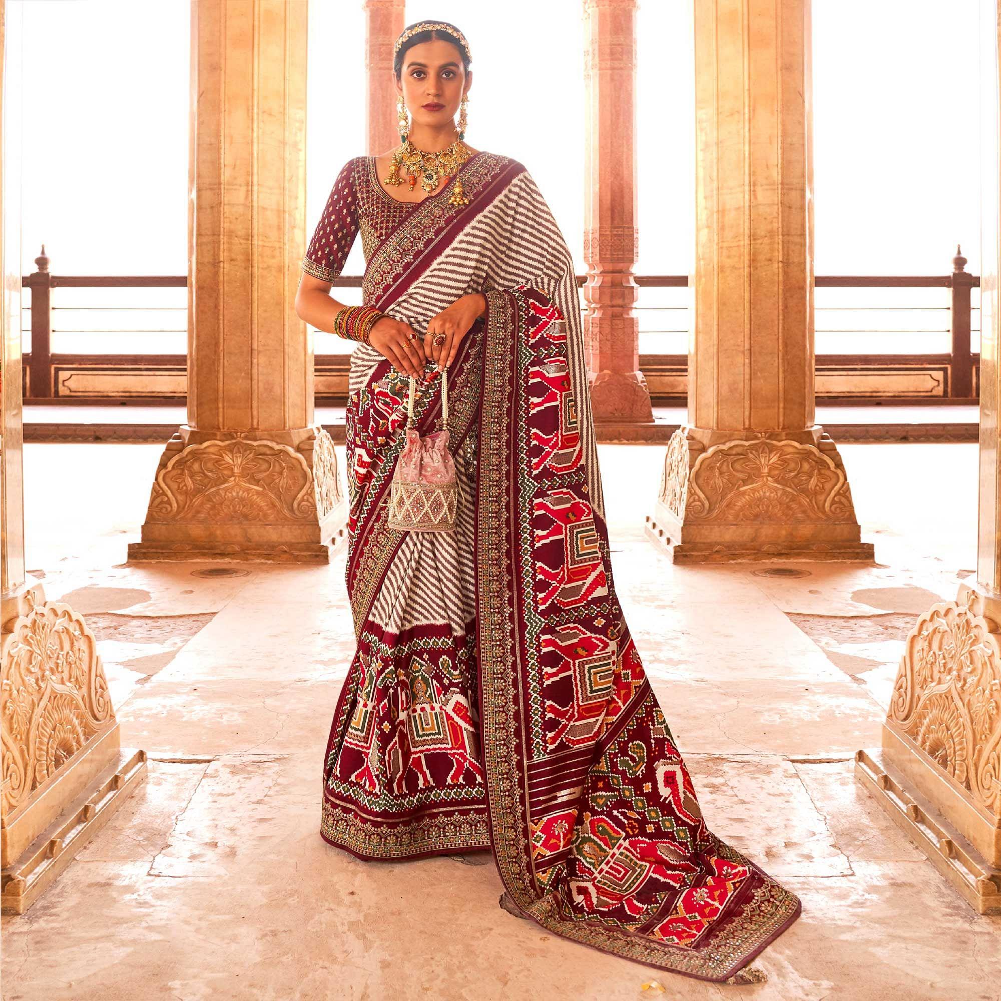 Maroon & Off White Patola Printed-Sequence Embroidered Pure Silk Saree - Peachmode