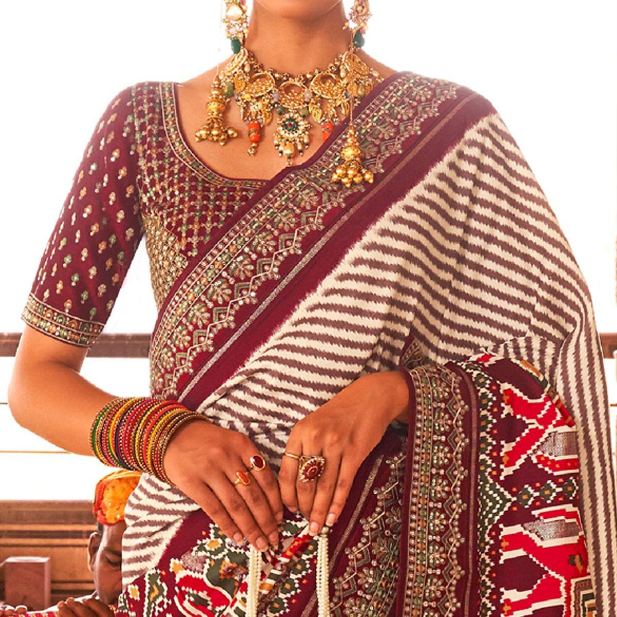 Maroon & Off White Patola Printed-Sequence Embroidered Pure Silk Saree - Peachmode