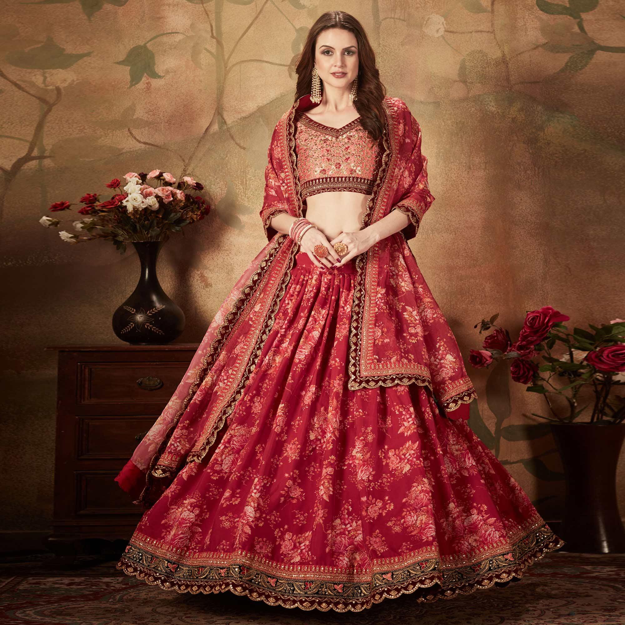 Maroon & Peach Partywear Floral Print With Sequins Embroidery Organza Lehenga Choli - Peachmode
