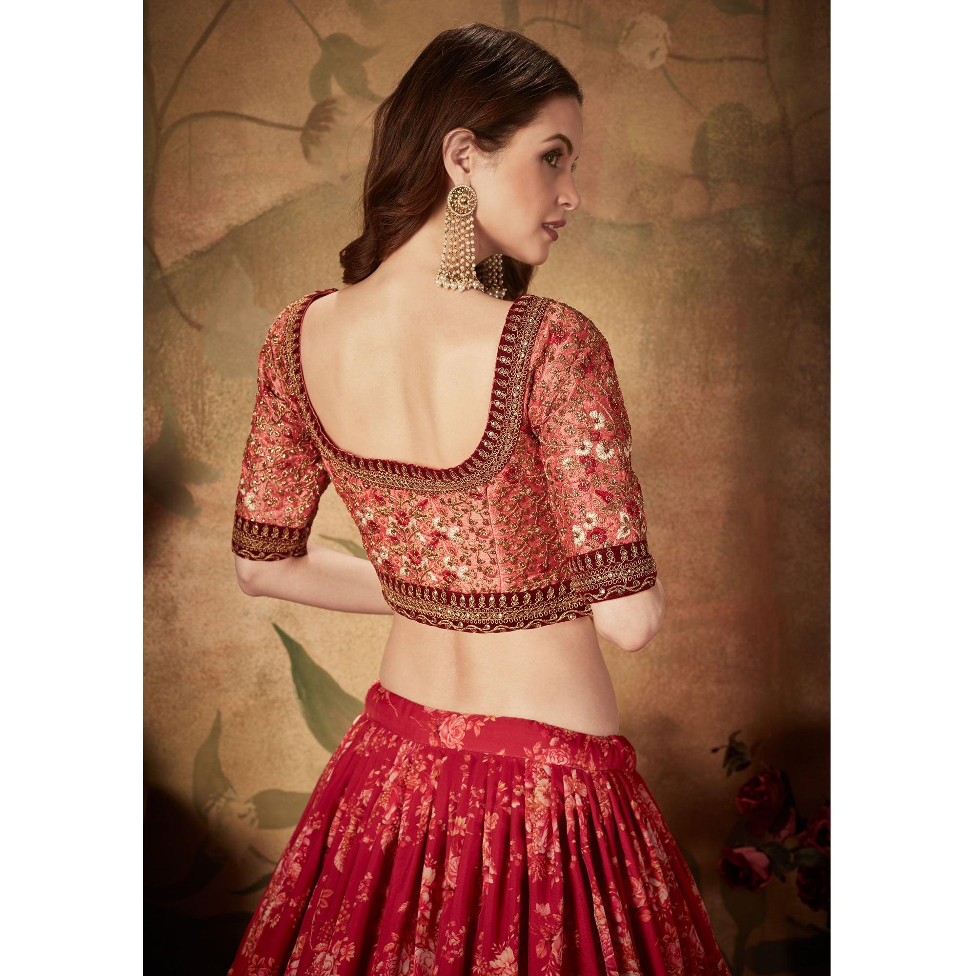 Maroon & Peach Partywear Floral Print With Sequins Embroidery Organza Lehenga Choli - Peachmode