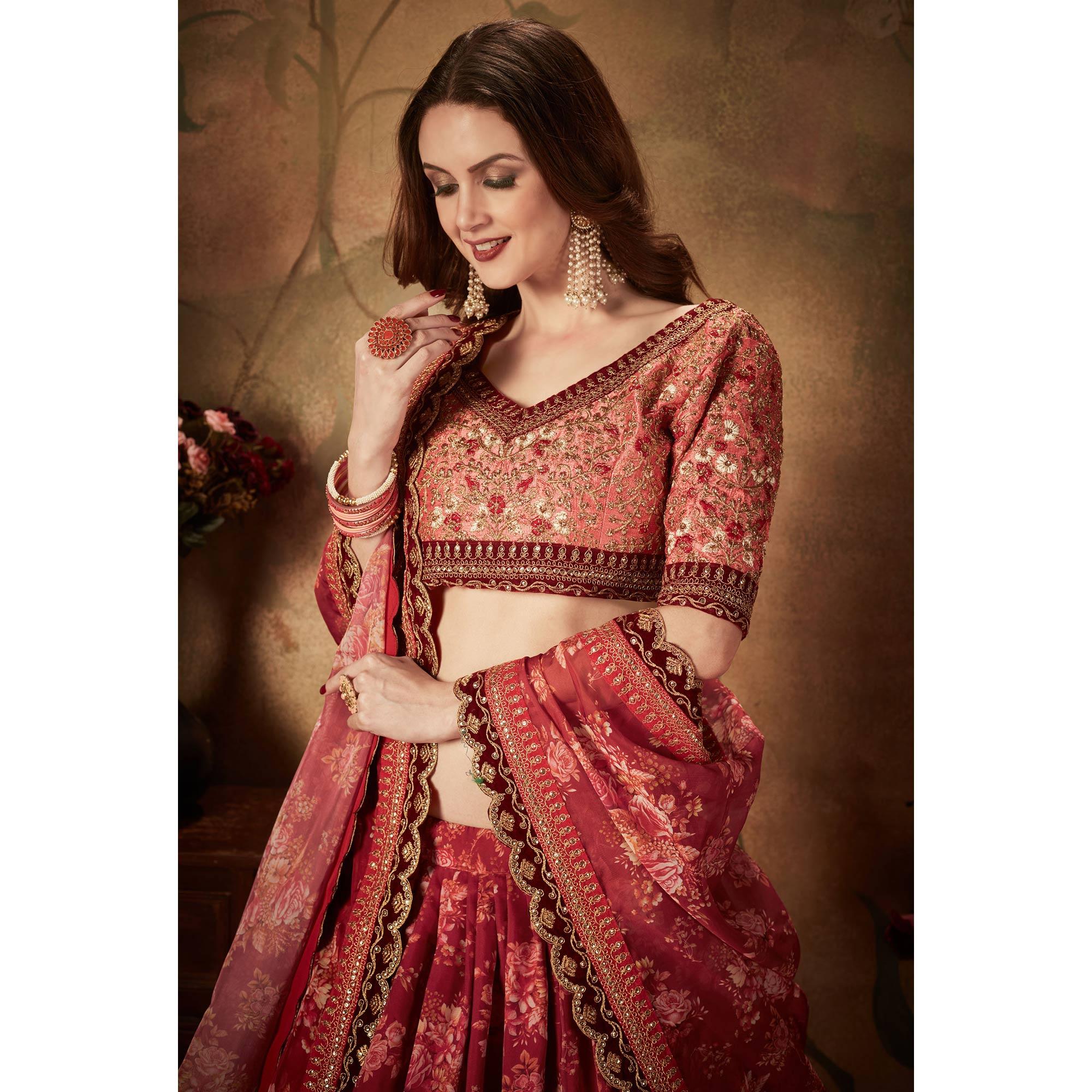 Maroon & Peach Partywear Floral Print With Sequins Embroidery Organza Lehenga Choli - Peachmode