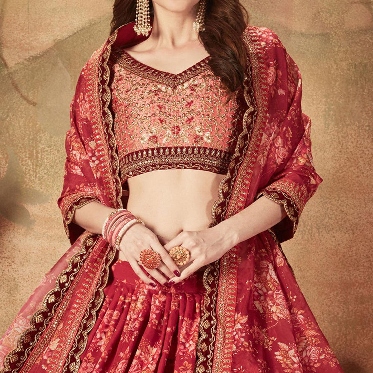 Maroon & Peach Partywear Floral Print With Sequins Embroidery Organza Lehenga Choli - Peachmode