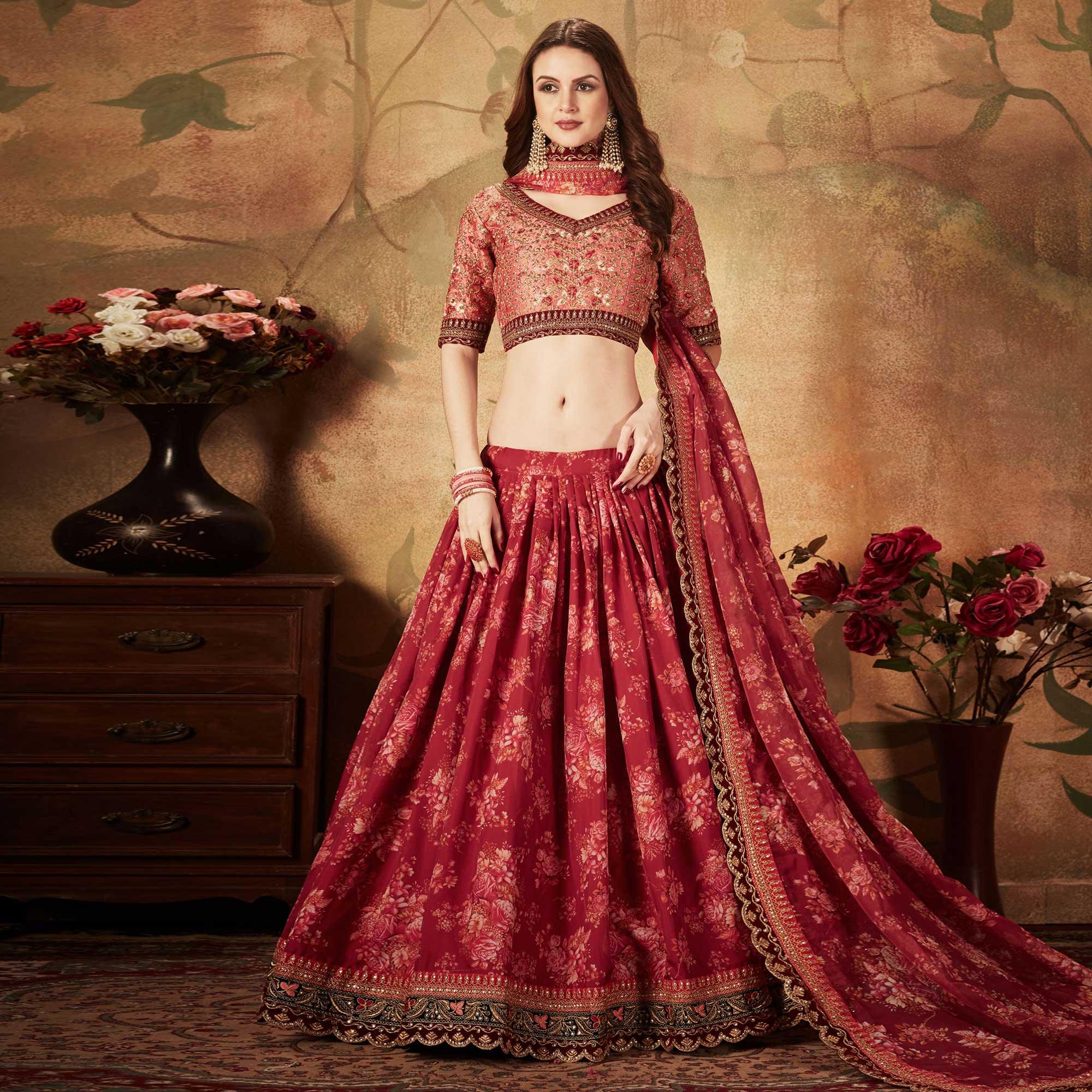 Maroon & Peach Partywear Floral Print With Sequins Embroidery Organza Lehenga Choli - Peachmode