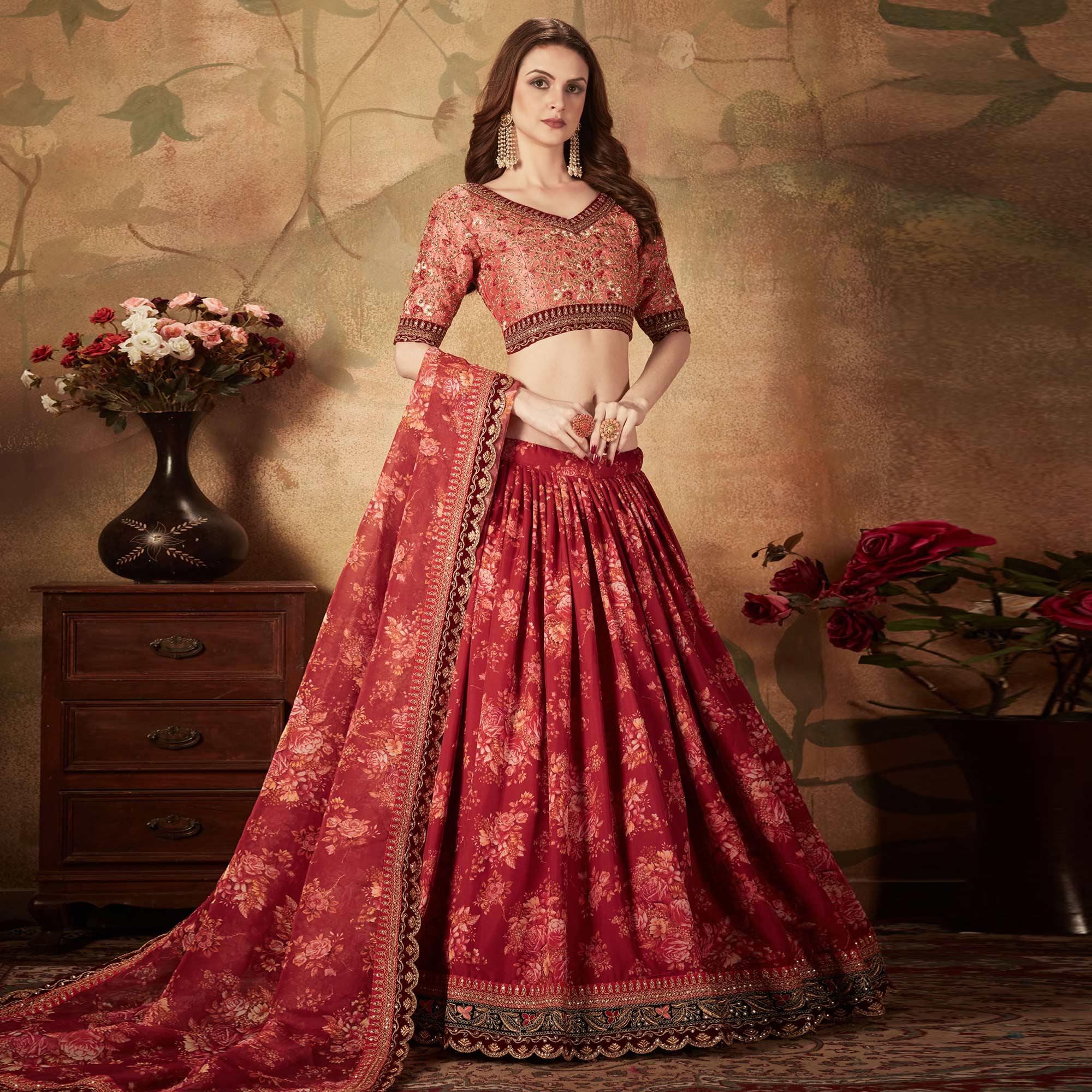 Maroon & Peach Partywear Floral Print With Sequins Embroidery Organza Lehenga Choli - Peachmode