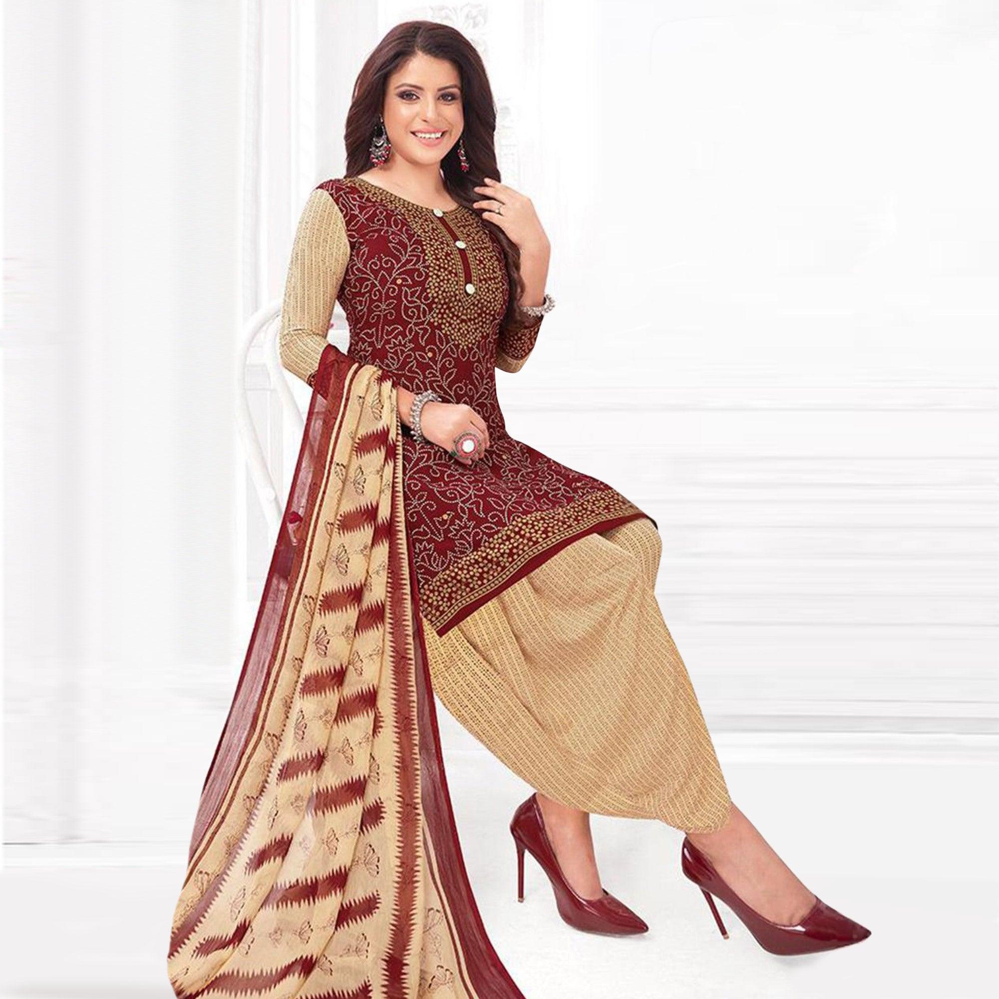 Maroon And Turquoise Patiala Crepe Dress Material Pack Of 2 - Peachmode