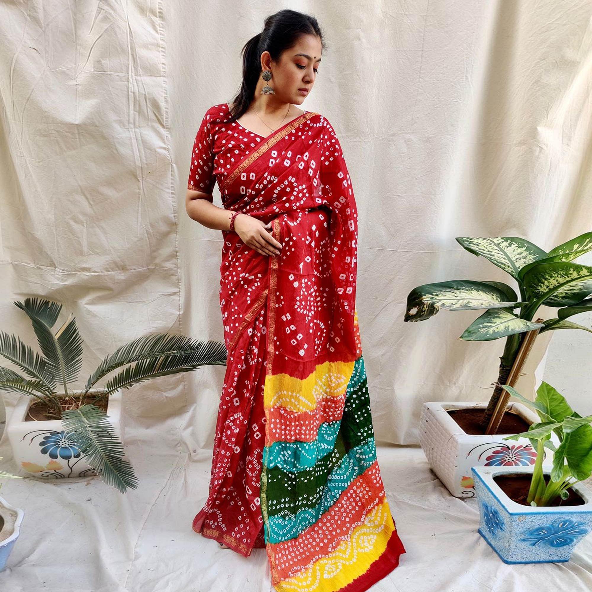 Maroon Bandhani Printed Art Silk Saree - Peachmode