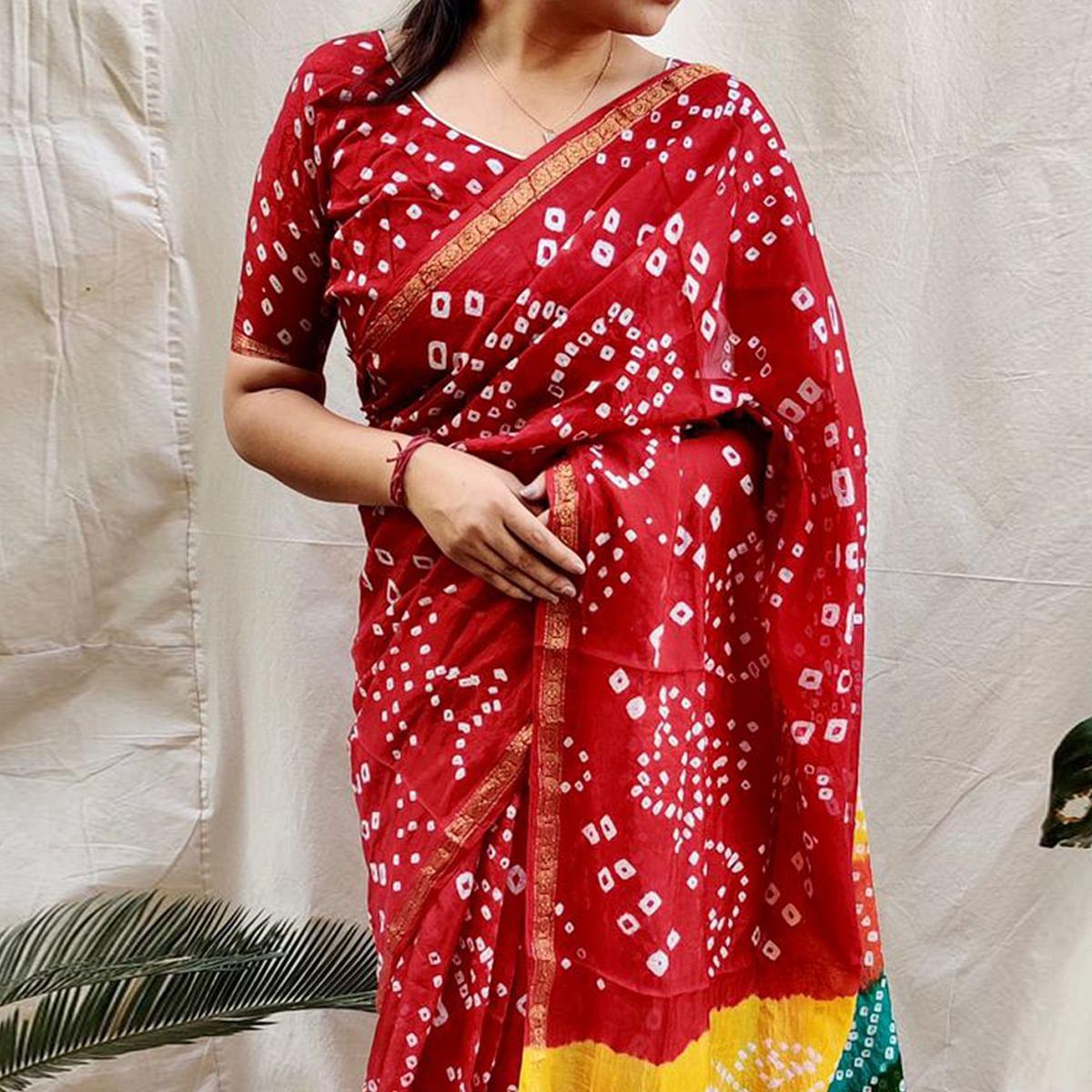 Maroon Bandhani Printed Art Silk Saree - Peachmode